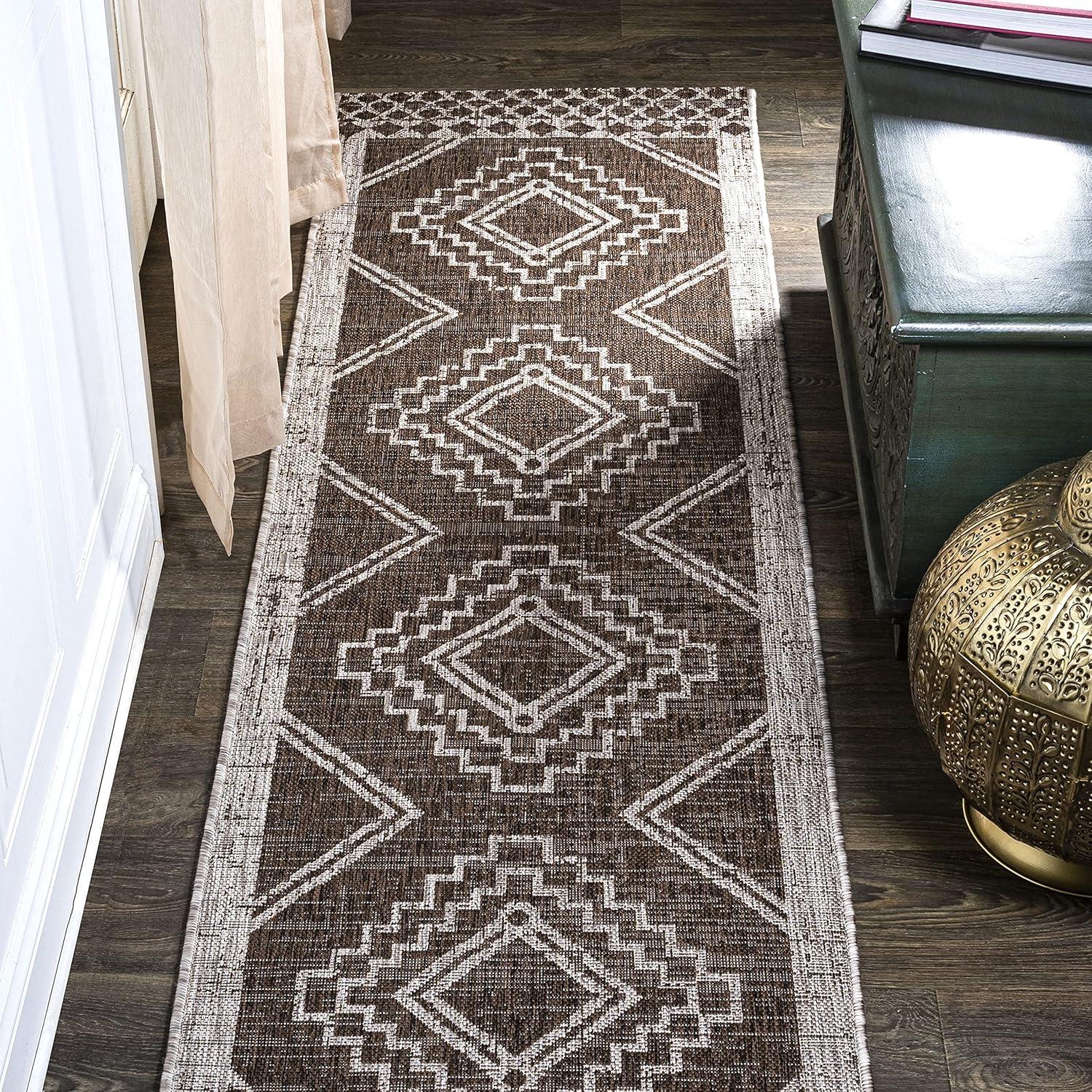 2'x10' Marokko Diamond Medallion Indoor/Outdoor Runner Rug, Brown/Beige - JONATHAN Y