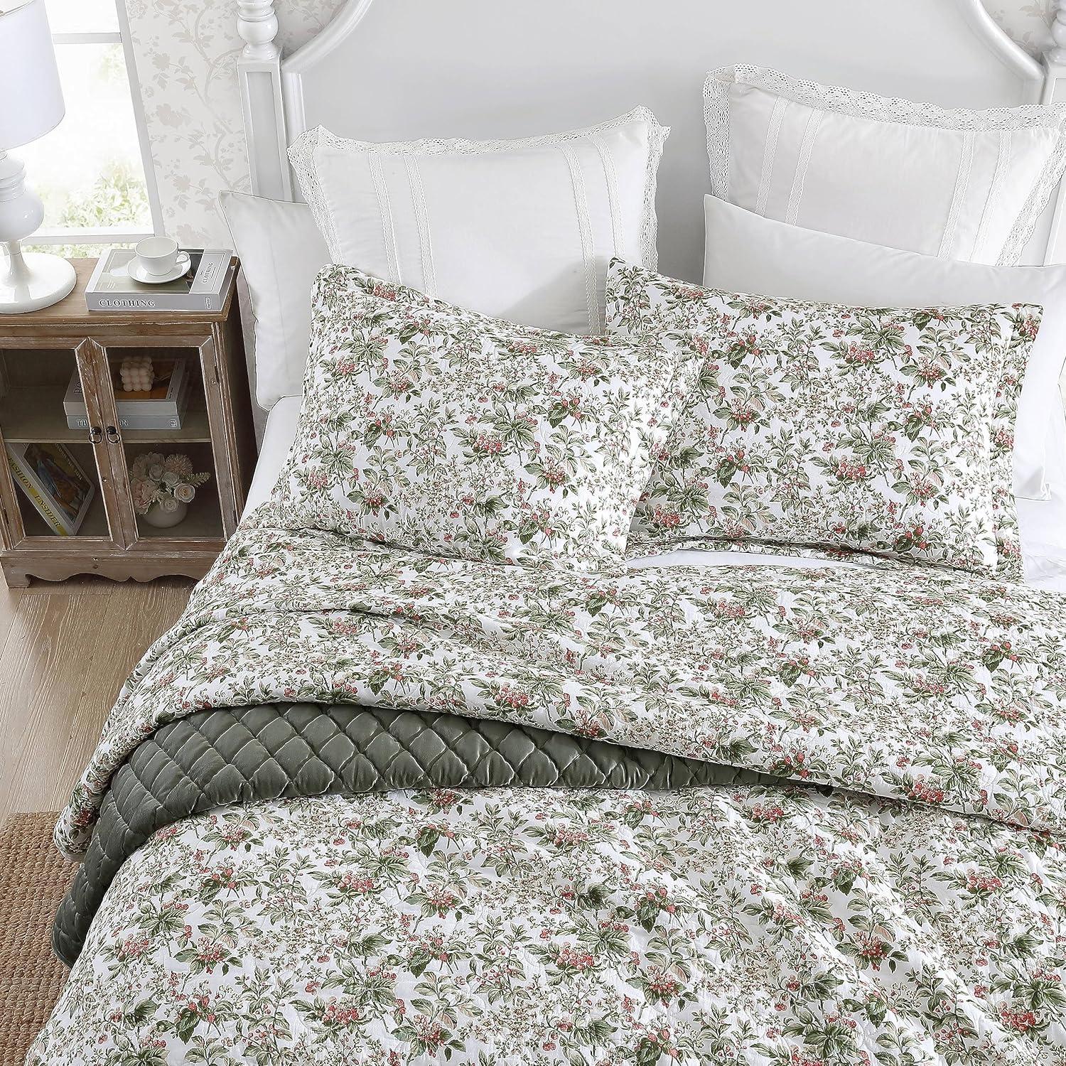 Laura Ashley Bramble Floral Cotton Reversible Green Quilt Set