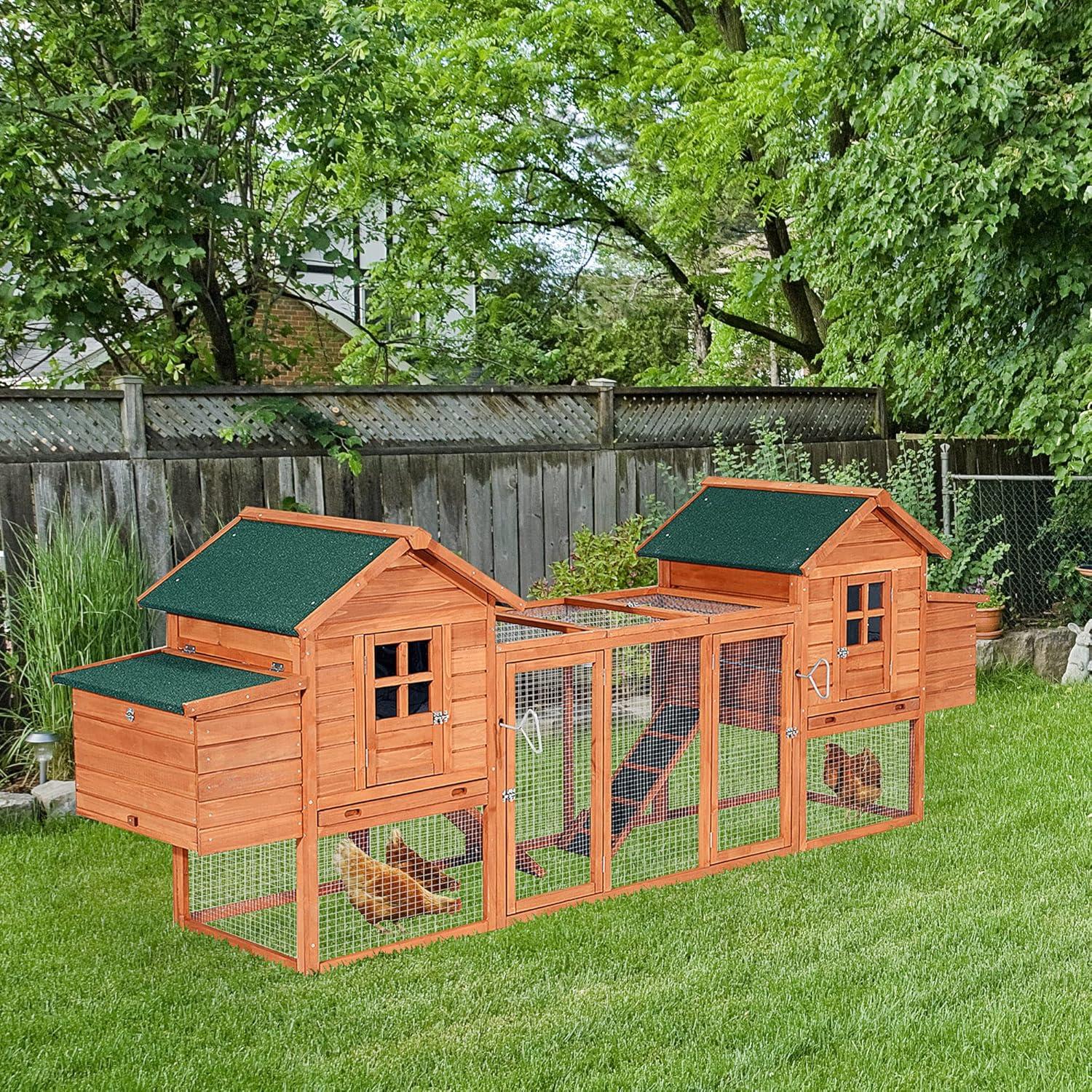 PawHut 124" Dual Chicken Coop, Wooden Large Chicken House, or Rabbit Hutch, Hen Poultry Cage Backyard with Outdoor Ramps and Nesting Boxes, Natural