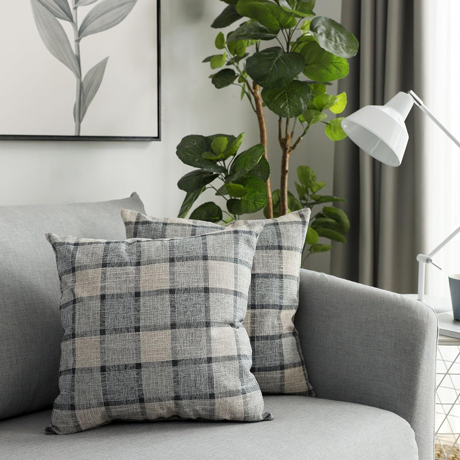 UGASA Pack of 2 Classic Retro Checkered Plaids Cotton Linen Soft Decorative Square Throw Pillow Covers Home Decor Design Cushion Case for Sofa, 18x18inch, Light Grey + Blue