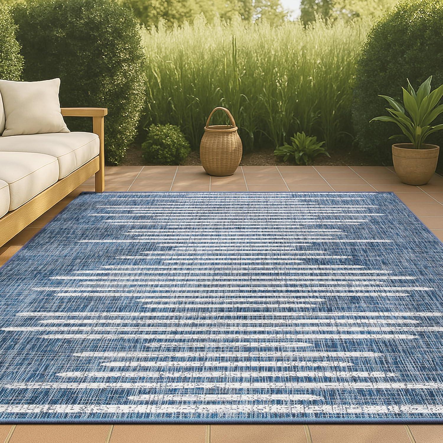 5'x8' Zolak Berber Stripe Geometric Indoor/Outdoor Area Rug, Blue/Ivory - JONATHAN Y