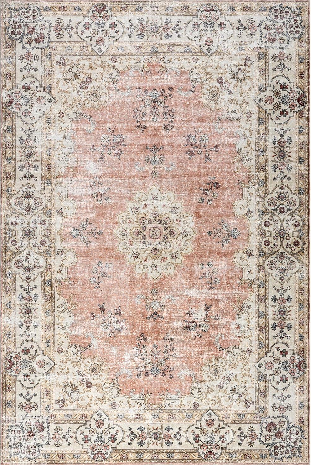Nuloom Teja SplashGuard Persian Medallion Machine Washable Area Rug, 4' x 6', Teja Peach