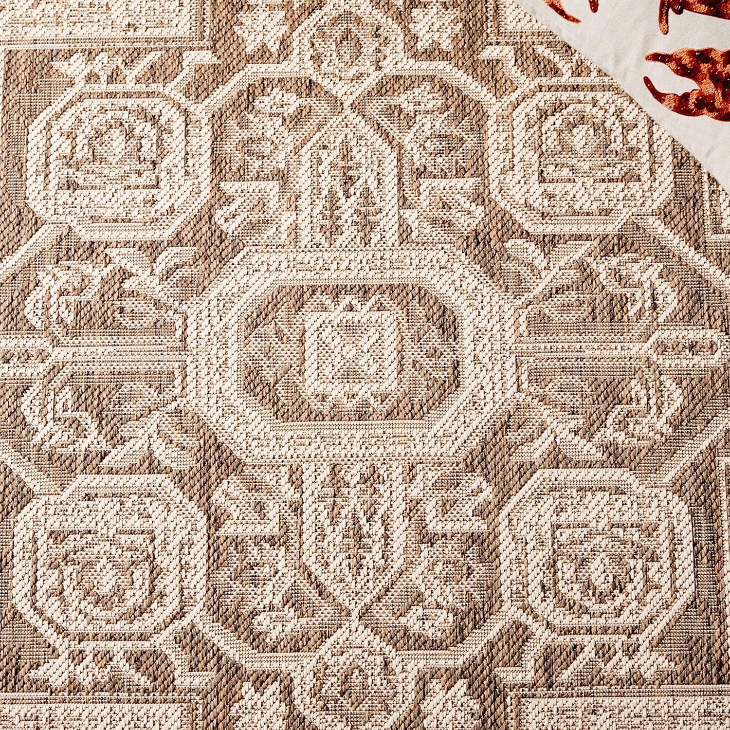 Beige and Cream Rectangular Synthetic Area Rug