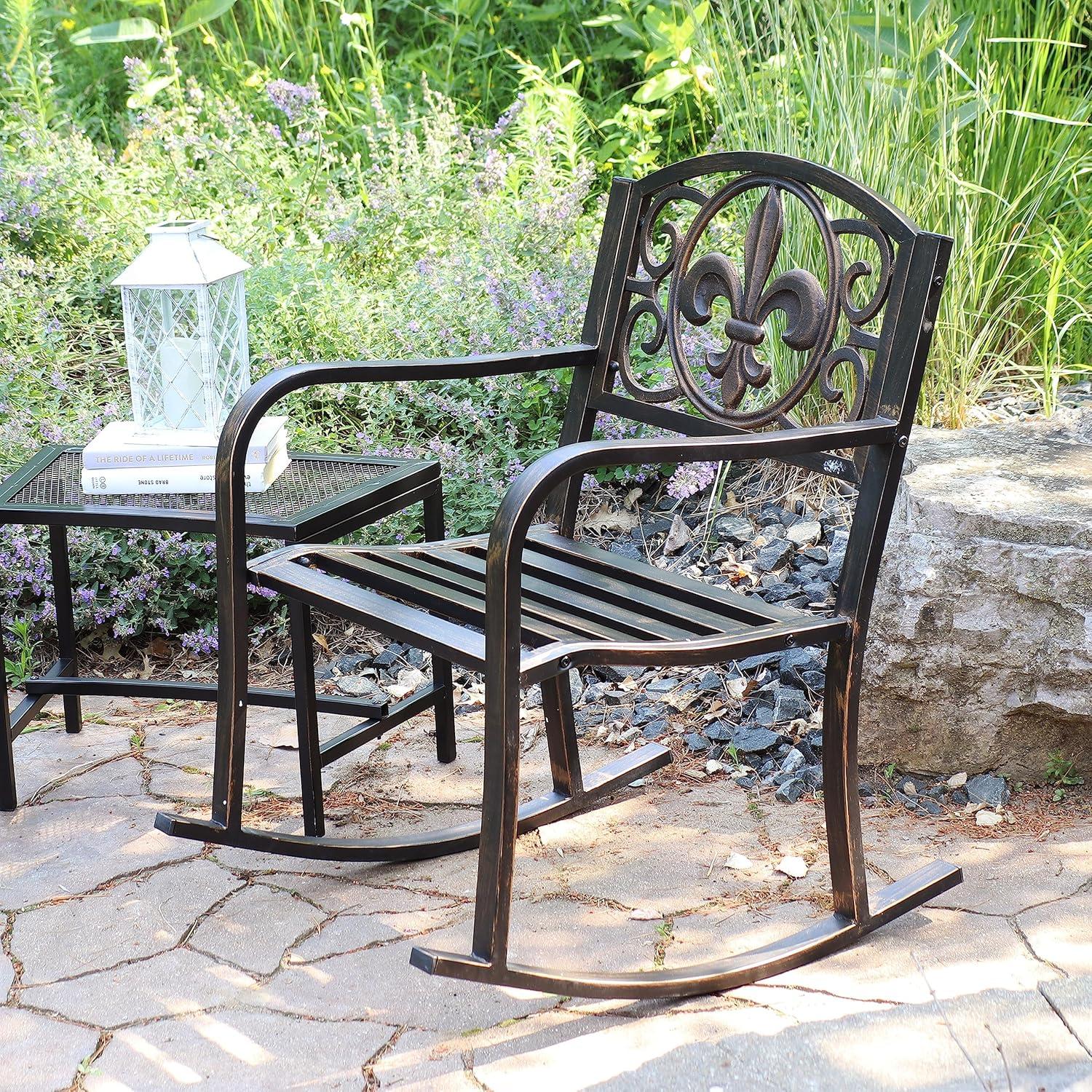 Sunnydaze Traditional Fleur-de-Lis Design Cast Iron and Steel Outdoor Rocking Chair