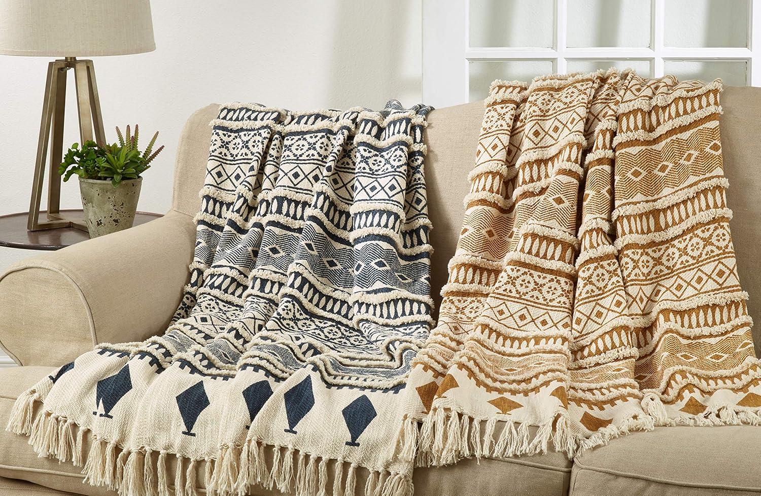 Bohemian Navy and Beige Cotton Fringed Throw Blanket