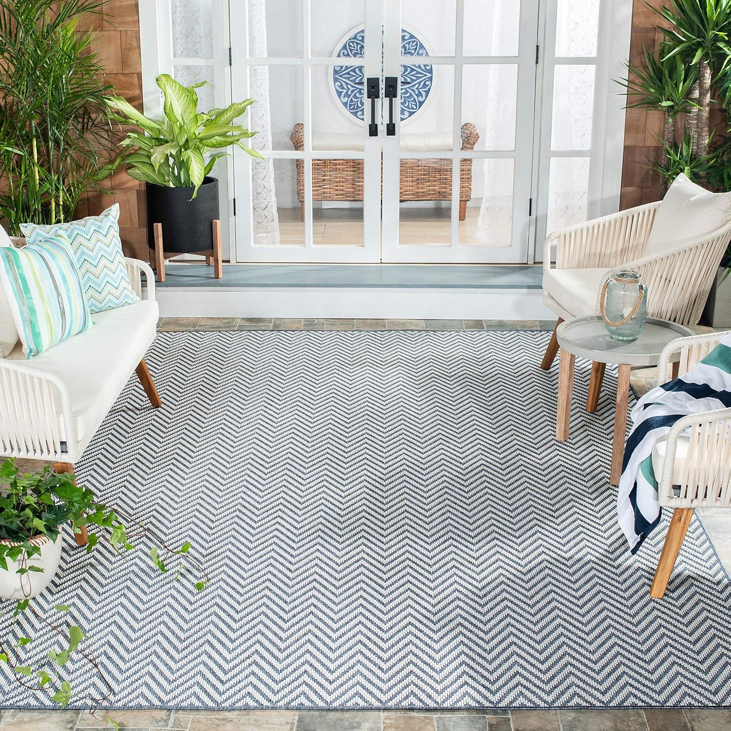 SAFAVIEH Bermuda Amina Geometric Chevron Indoor/Outdoor Area Rug Light Blue/Cream, 9' x 12'