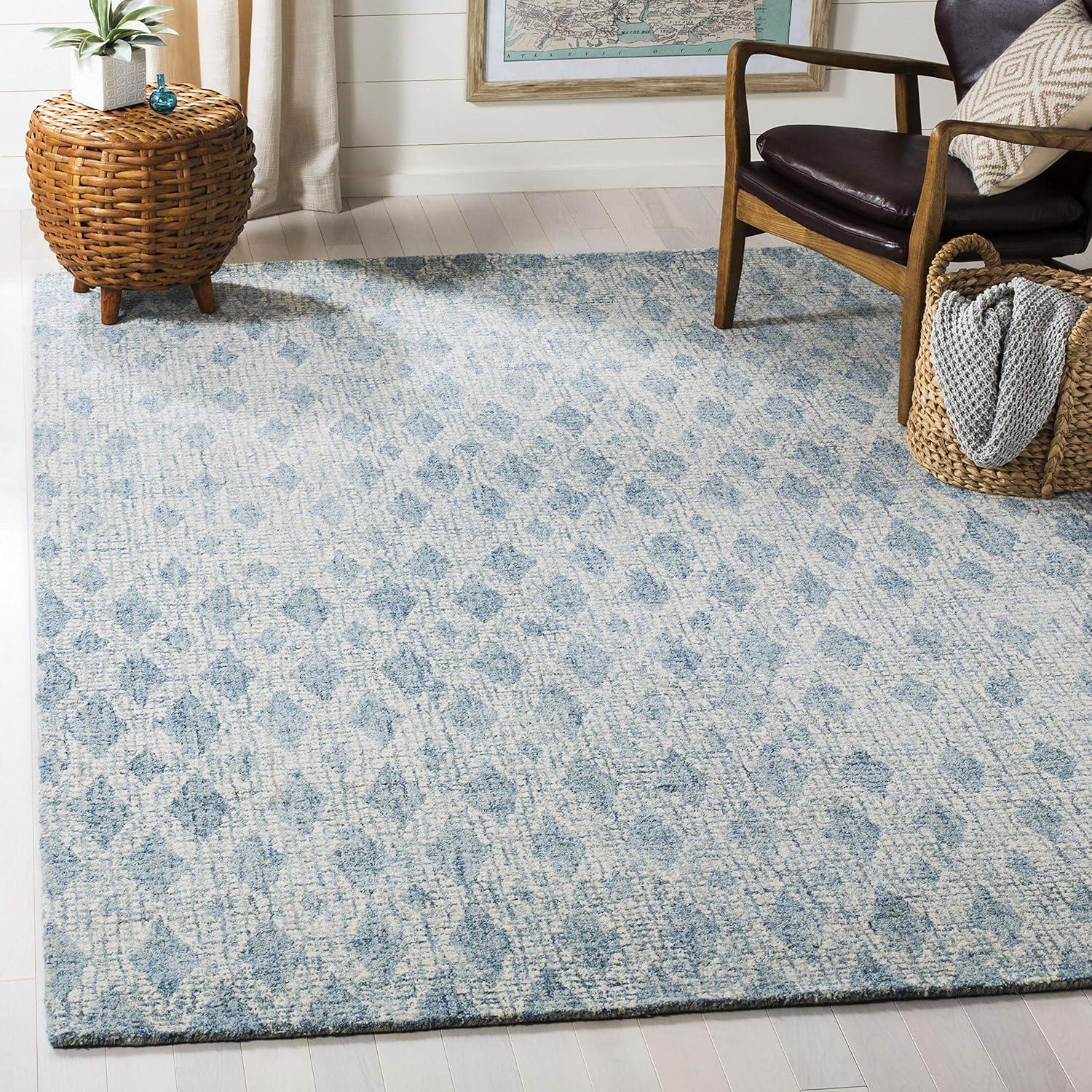 Ivory and Blue Handmade Wool Abstract Tufted Rug, 5' x 8'