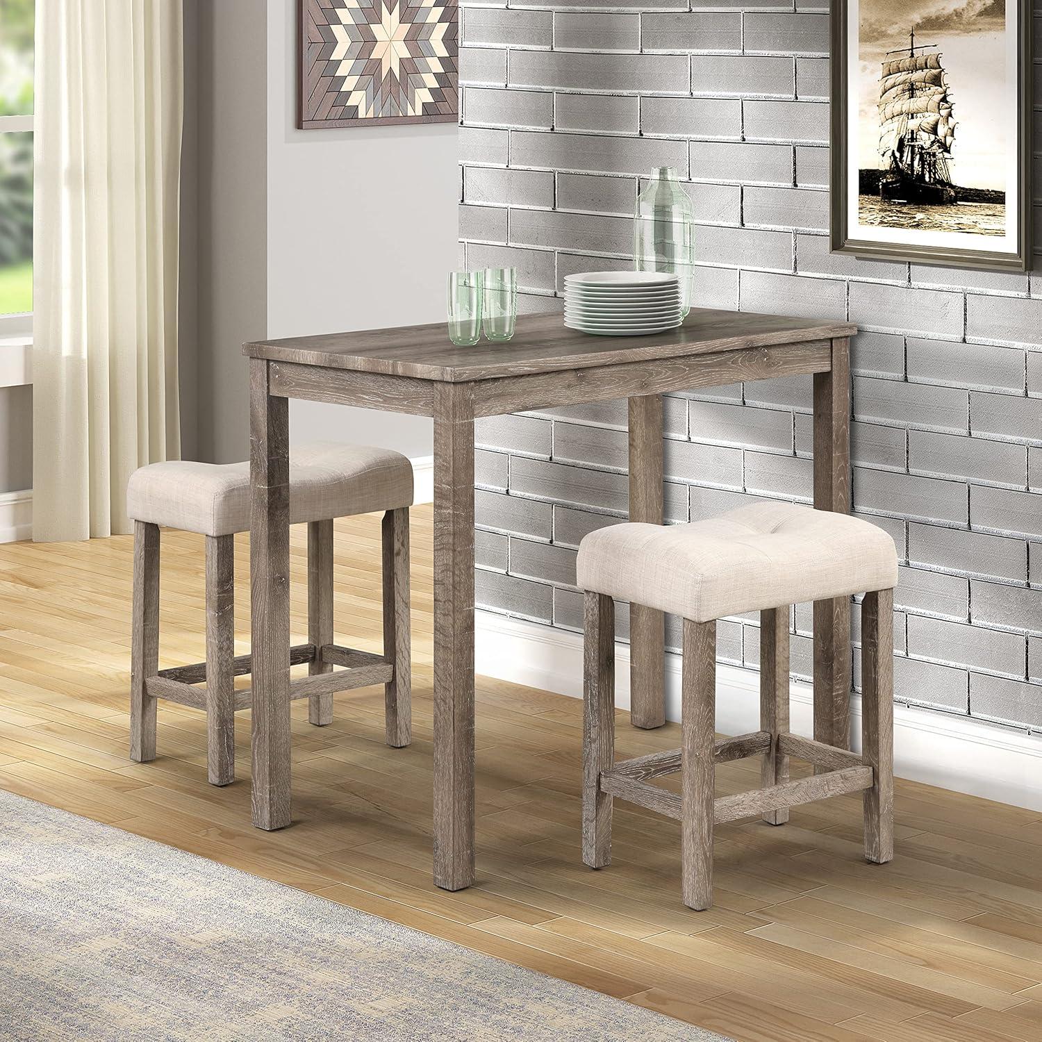 Taupe Rectangular Counter Height 3-Piece Dining Set with Beige Upholstered Stools