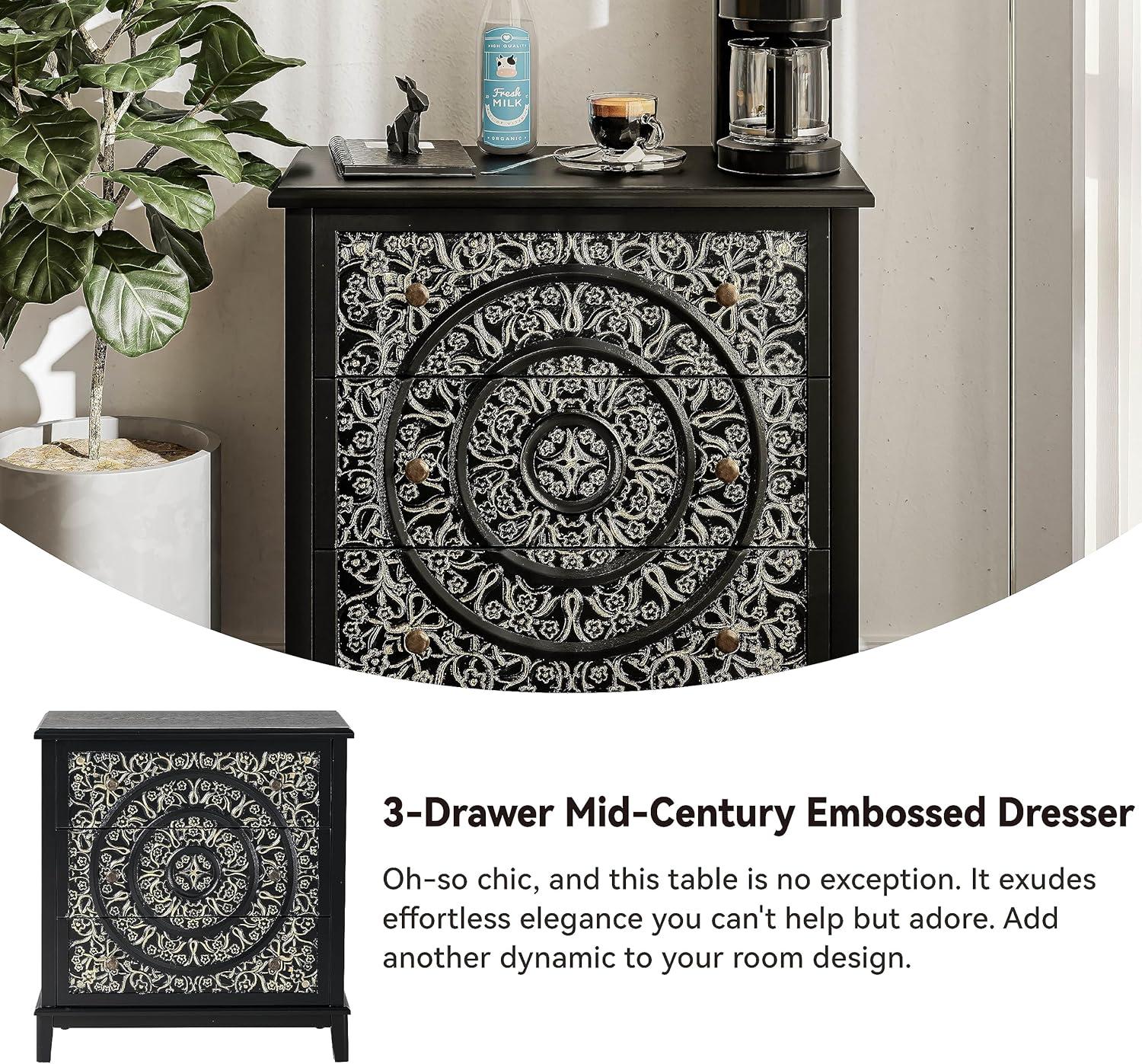 COZAYH 3-Drawer Fully-Assembled Flower Motif Nightstand for Small Spaces, French Country, Modern, Distressed Finish, Gold & Black