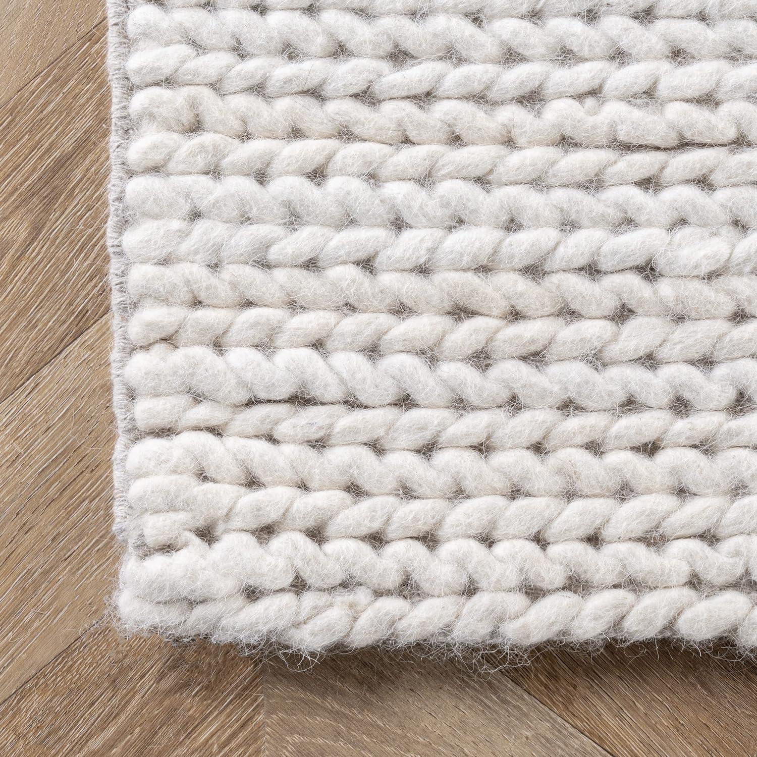 Luxurious Off-White Braided Wool 6' Square Area Rug