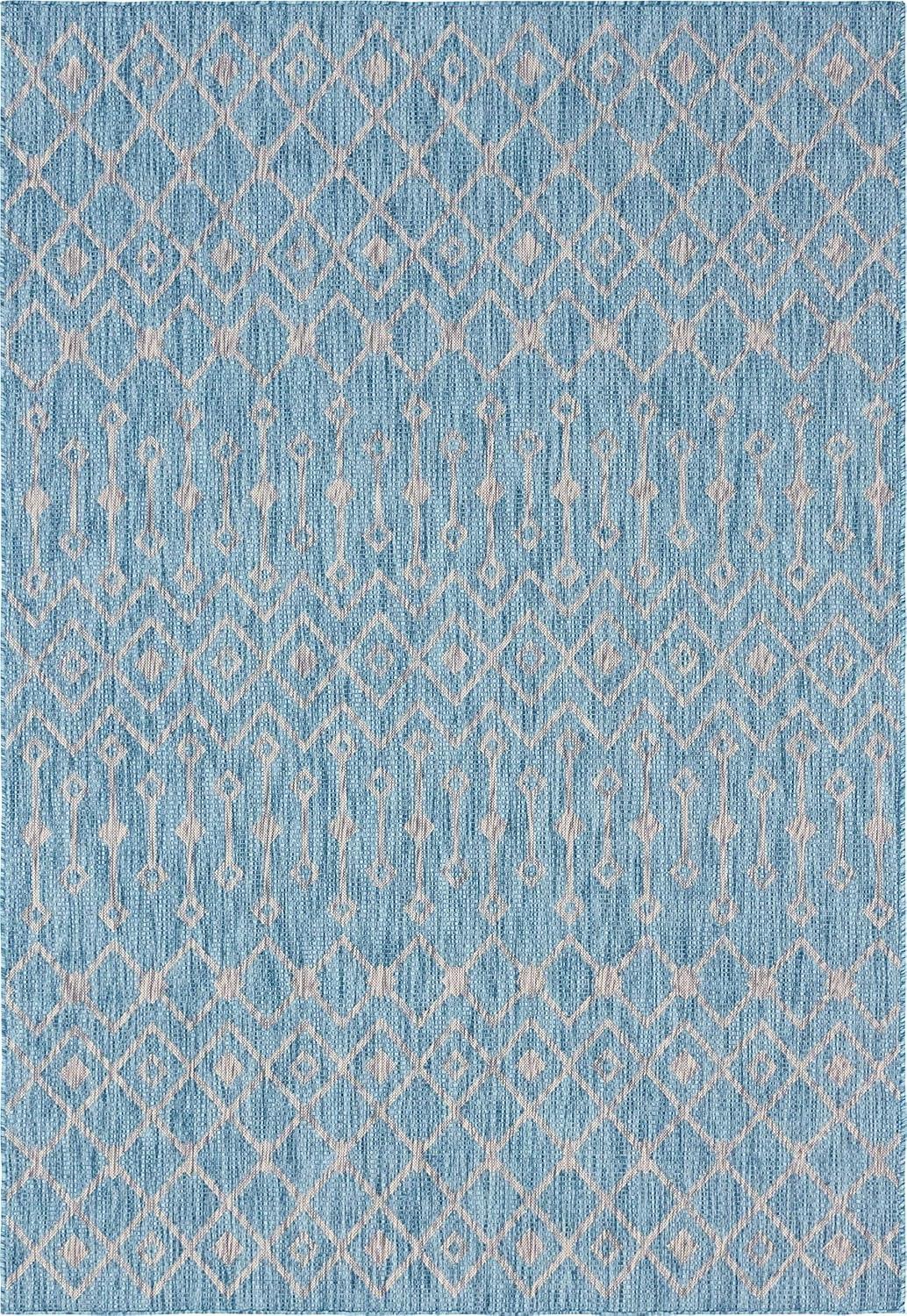 Unique Loom Outdoor Trellis Collection Area Rug - Tribal Trellis (7' 1" x 10' Rectangle Aqua/Ivory)