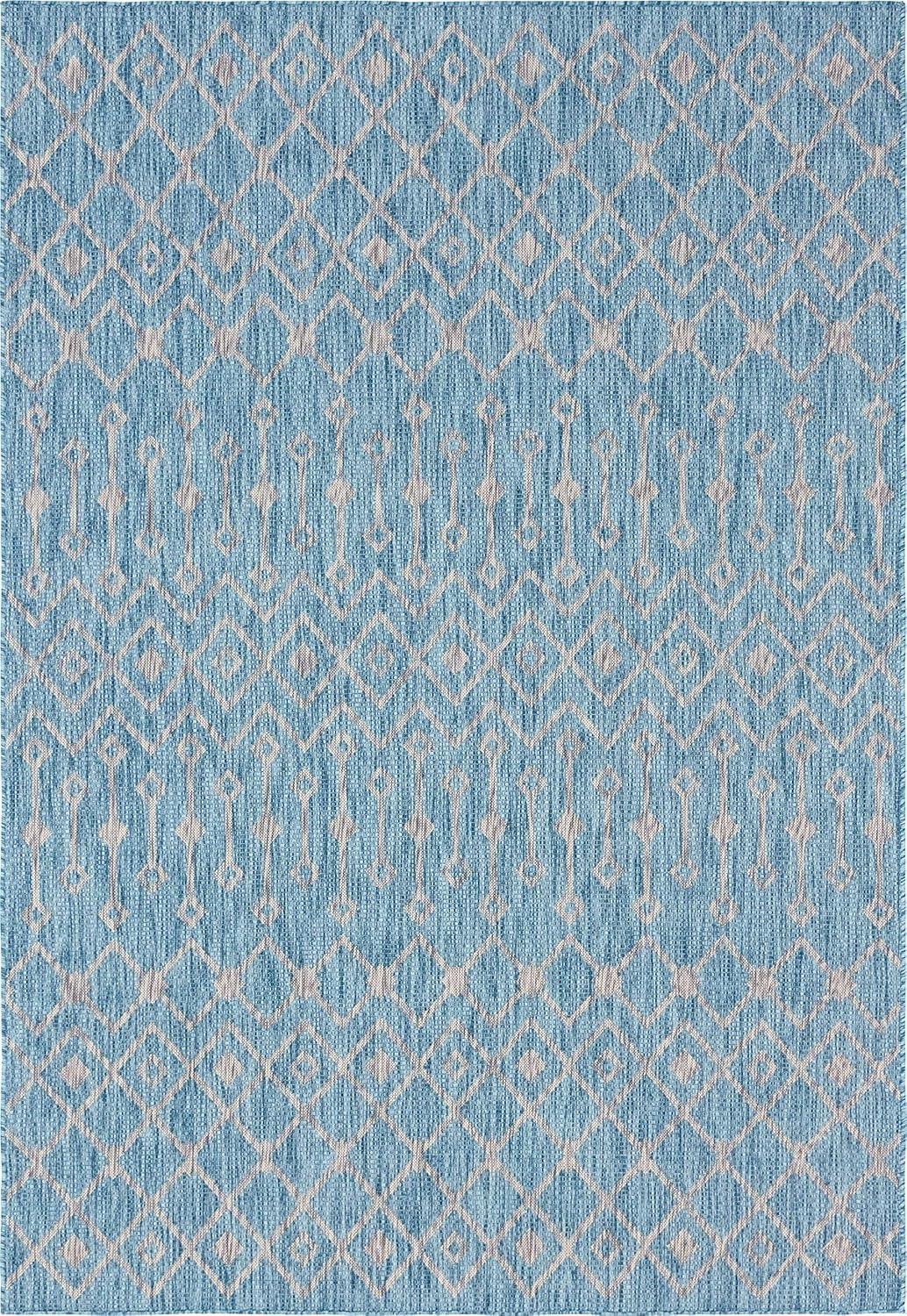 Unique Loom Outdoor Trellis Collection Area Rug - Tribal Trellis (7' 1" x 10' Rectangle Aqua/Ivory)