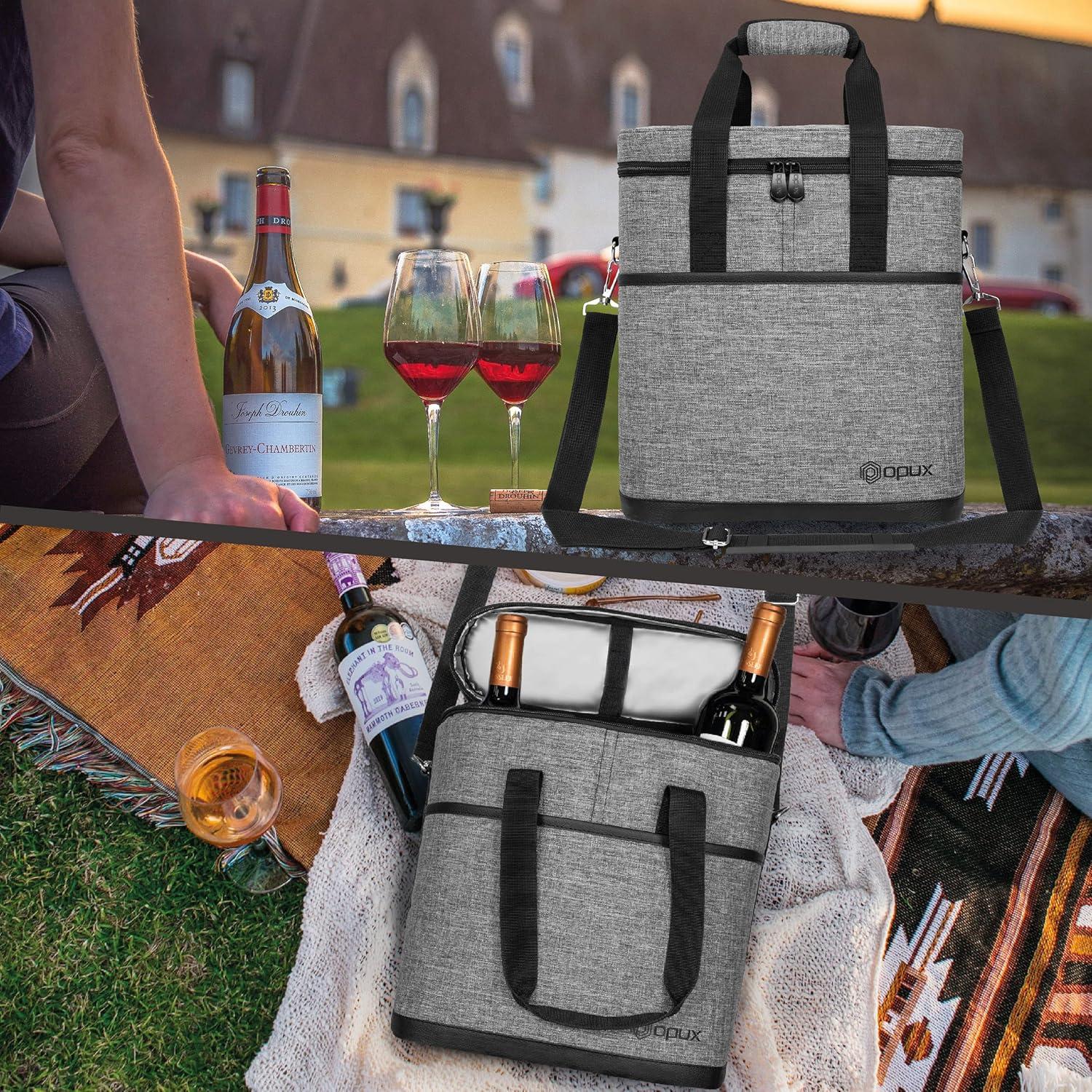 OPUX 3 Bottle Wine Carrier Tote, Insulated Leakproof Cooler Travel Bag, Portable Picnic BYOB Beach Party Gifts Christmas (Heather Gray, 3 Bottle Bag)