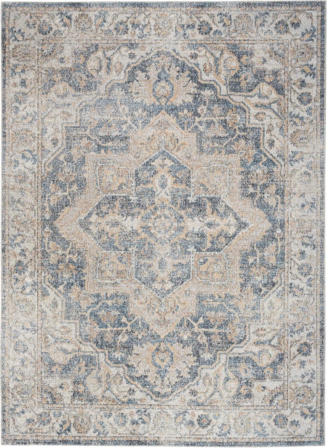 Grey and Blue Floral Medallion Washable Area Rug 5'3" x 7'