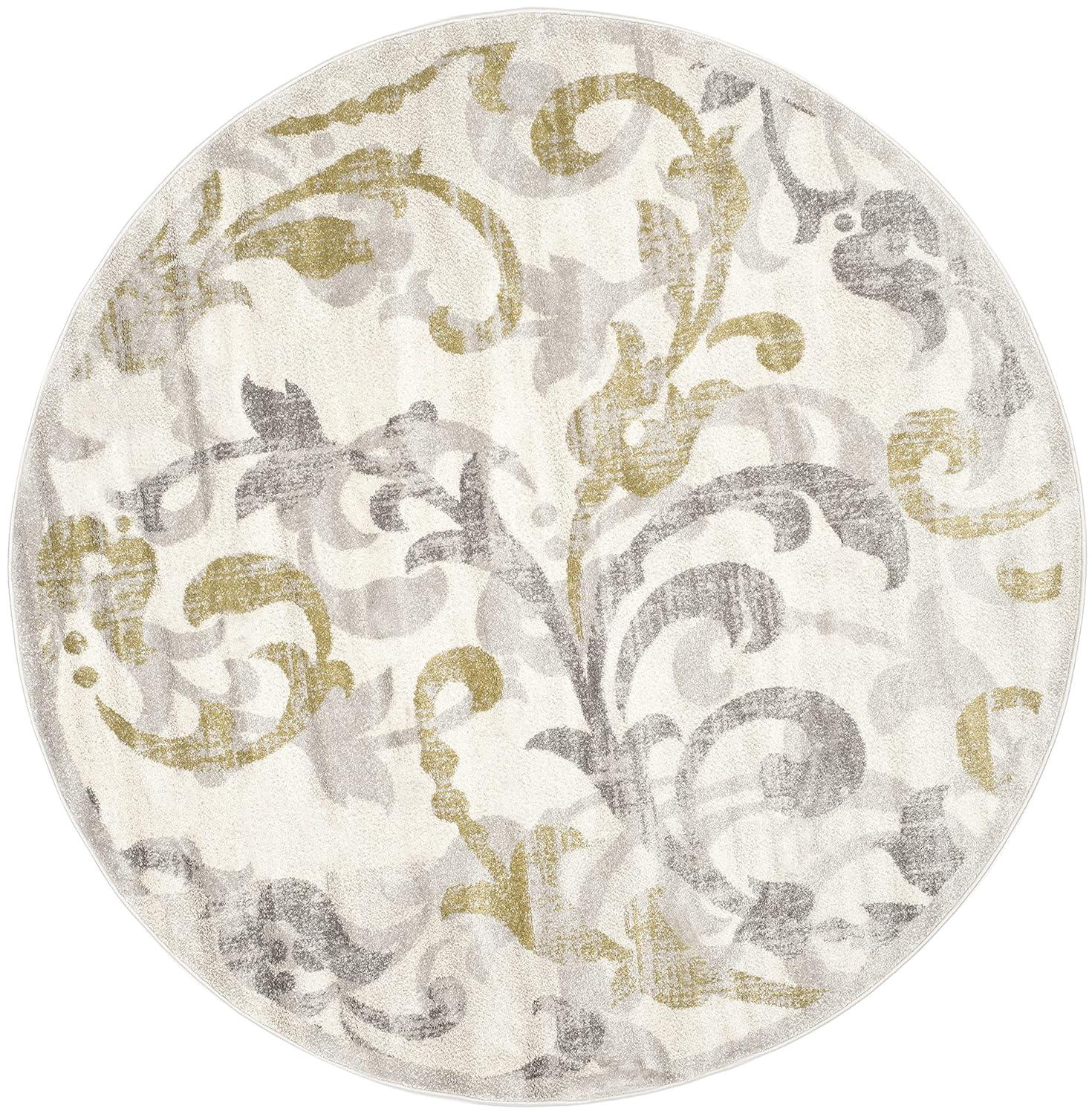 SAFAVIEH Amherst Collection Area Rug - 7' Round, Ivory & Light Grey, Floral Scroll Design, Non-Shedding & Easy Care, Ideal for High Traffic Areas in Living Room, Bedroom (AMT428E)