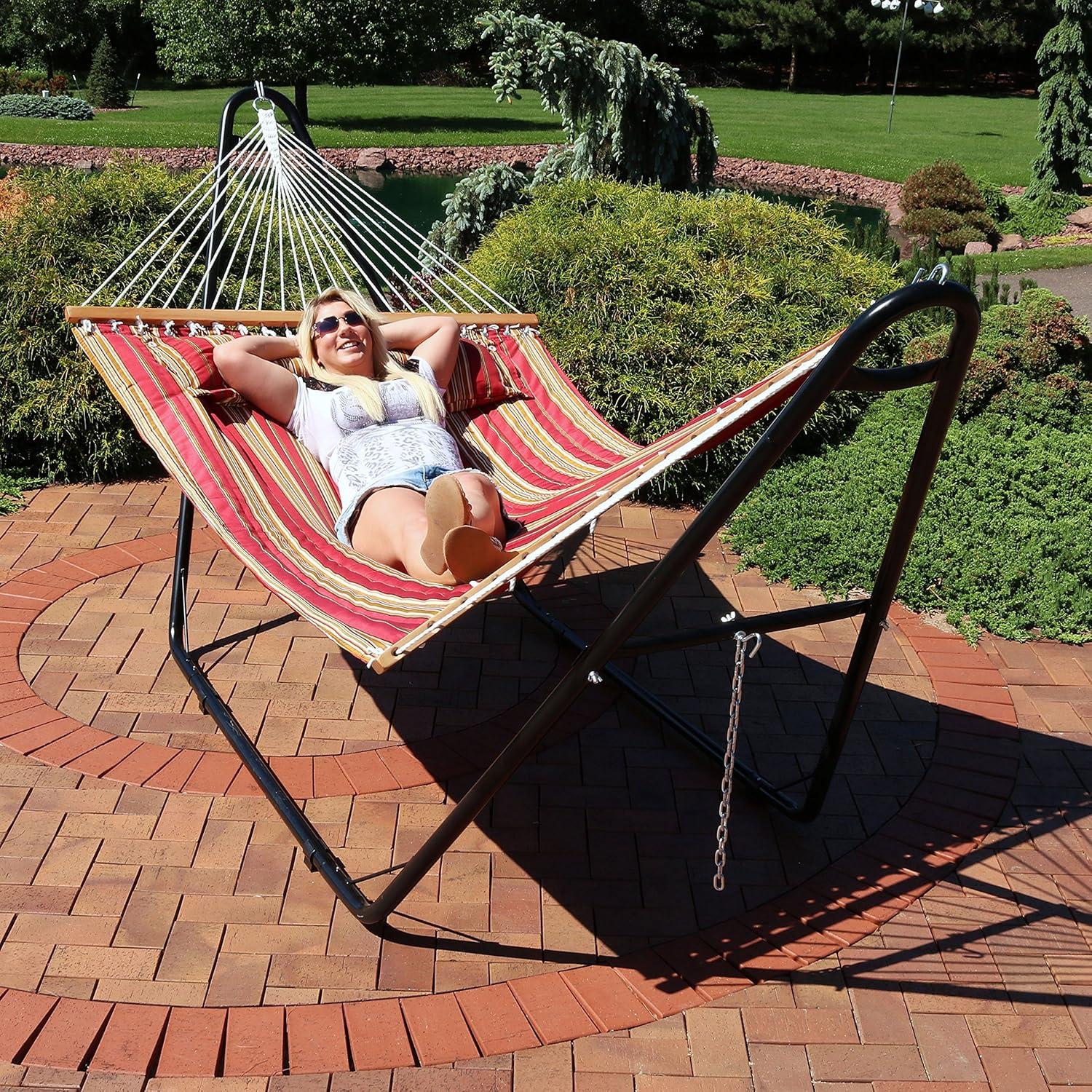 Sunnydaze Double Quilted Fabric Hammock with Universal Steel Stand - 450-Pound Capacity - Red Stripes