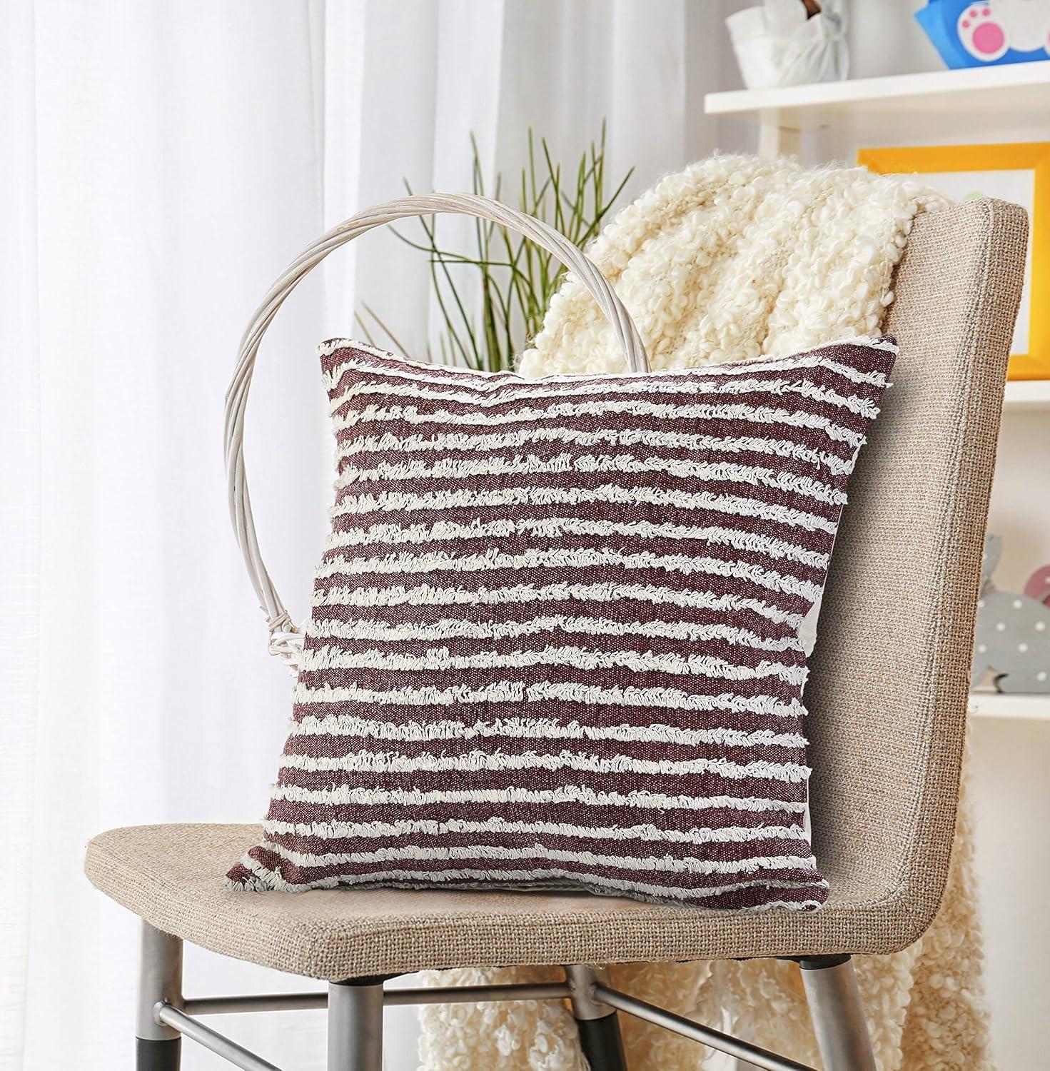 Merlot Red and Ivory Striped Cotton Square Pillow