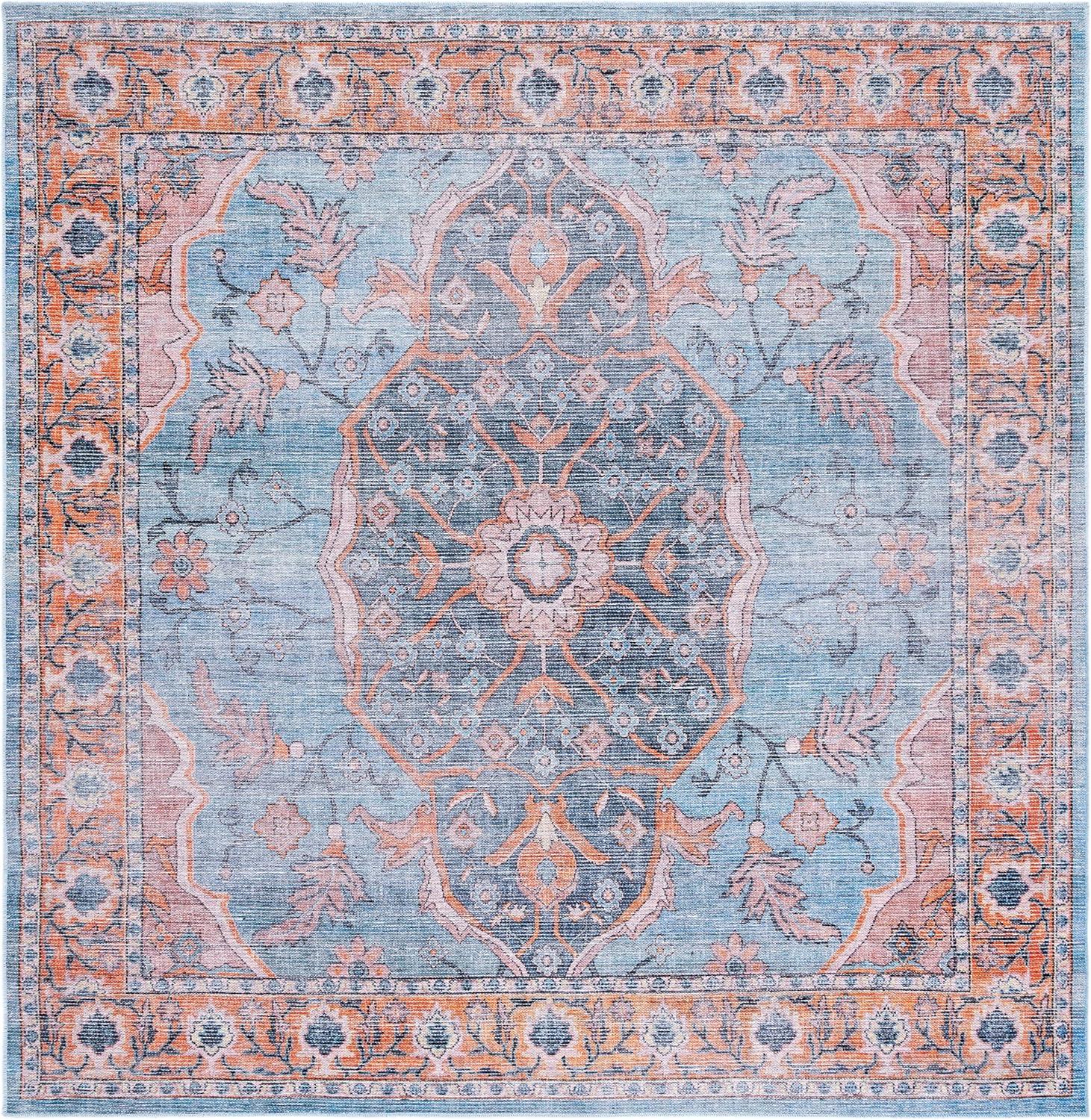 Serapi SEP540 Power Loomed Machine Washable Skid-Resistant Indoor Area Rug - Blue/Orange - 6'7"x6'7" - Safavieh