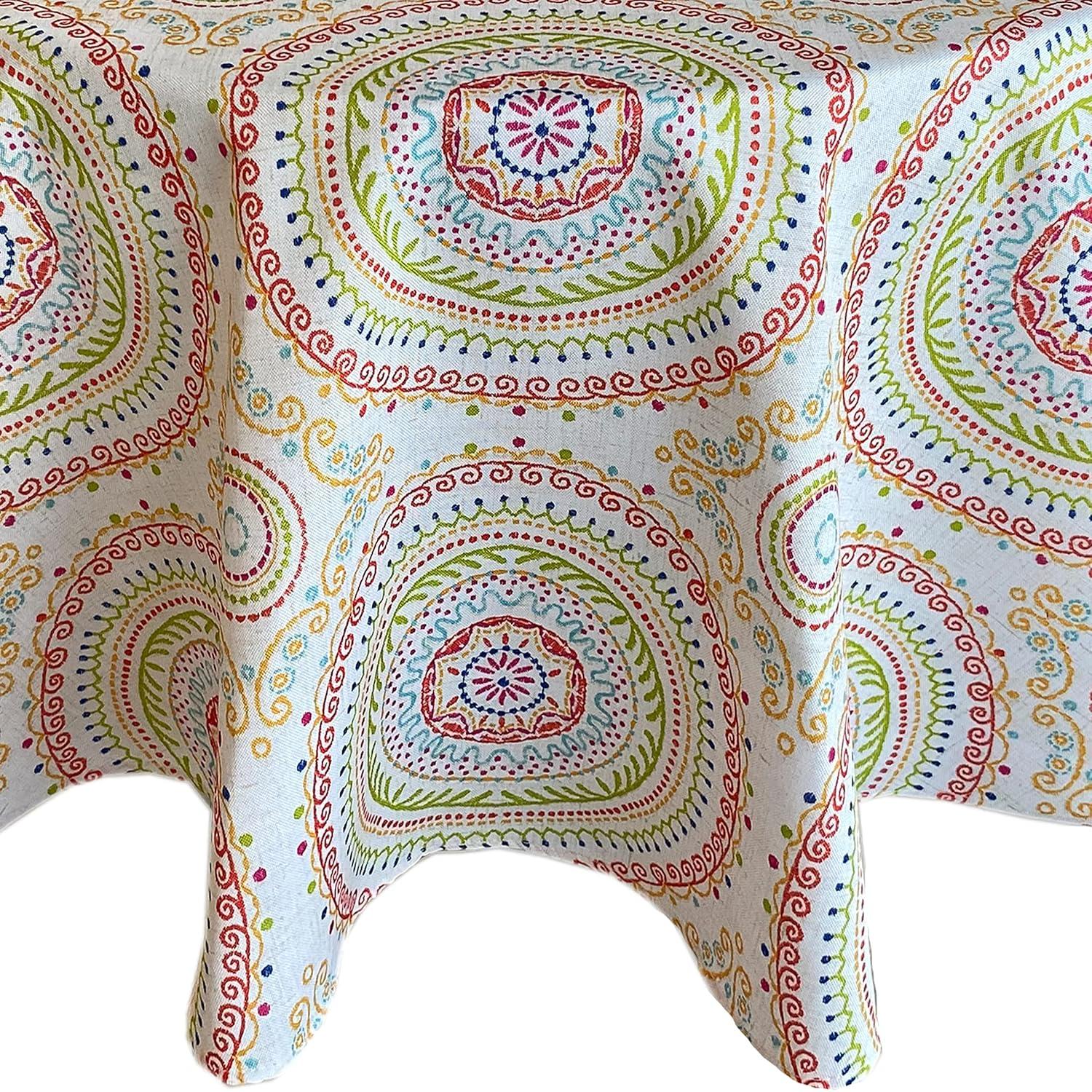 Newbridge 70 Inch Round Fabric Tablecloth, Coral and Green Circle Stitch, Indoor Outdoor No Iron Soil Resistant Dining Room, Party and Banquet Table Cover, Modern Boho Chic Print