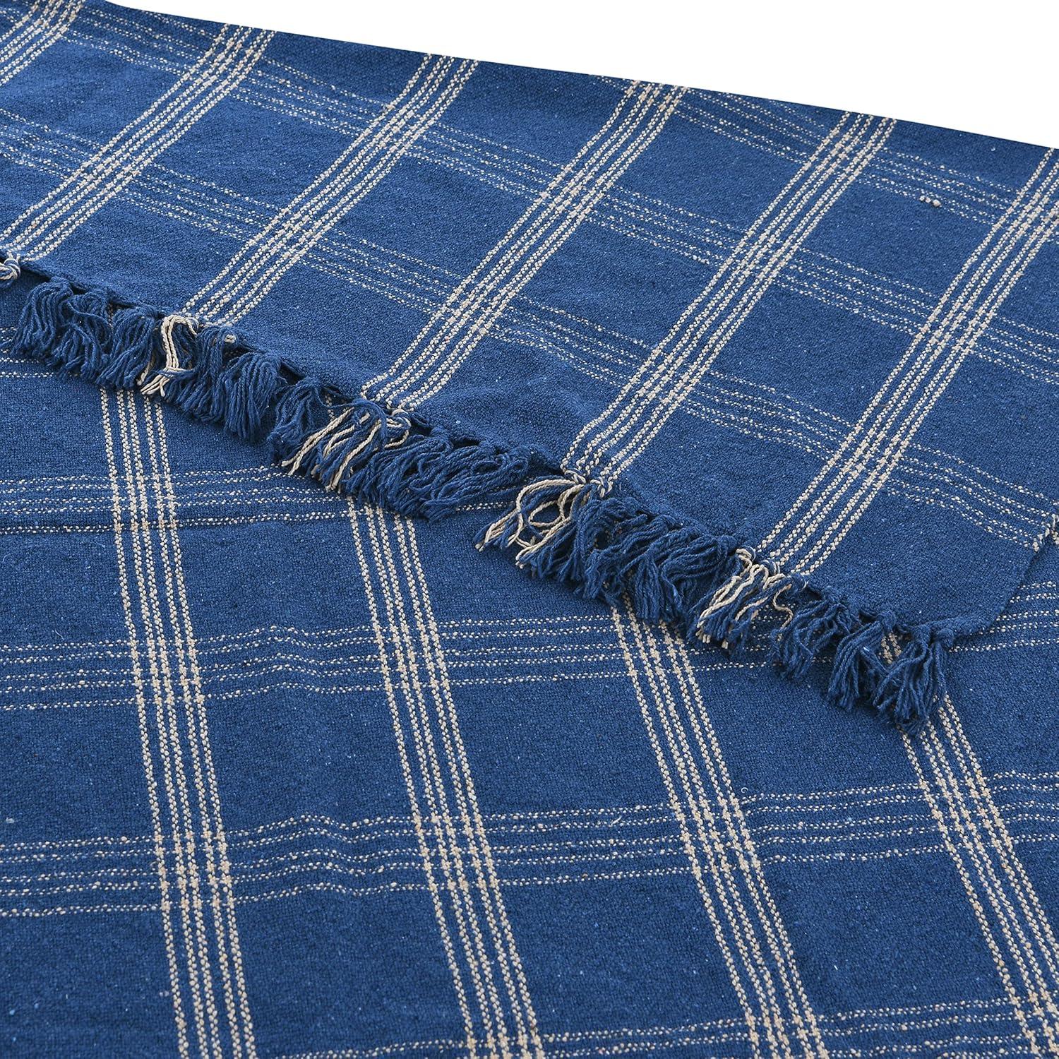 Blue Plaid Recycled Cotton Blend Throw Blanket with Fringe