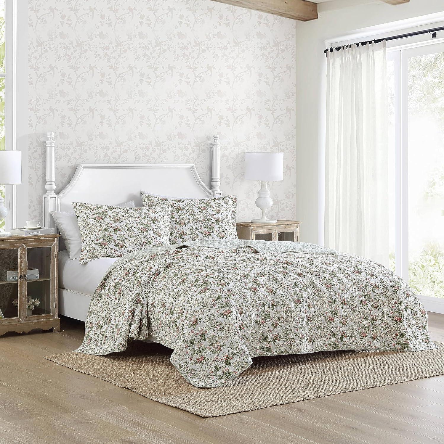 Laura Ashley Bramble Floral Cotton Reversible Green Quilt Set