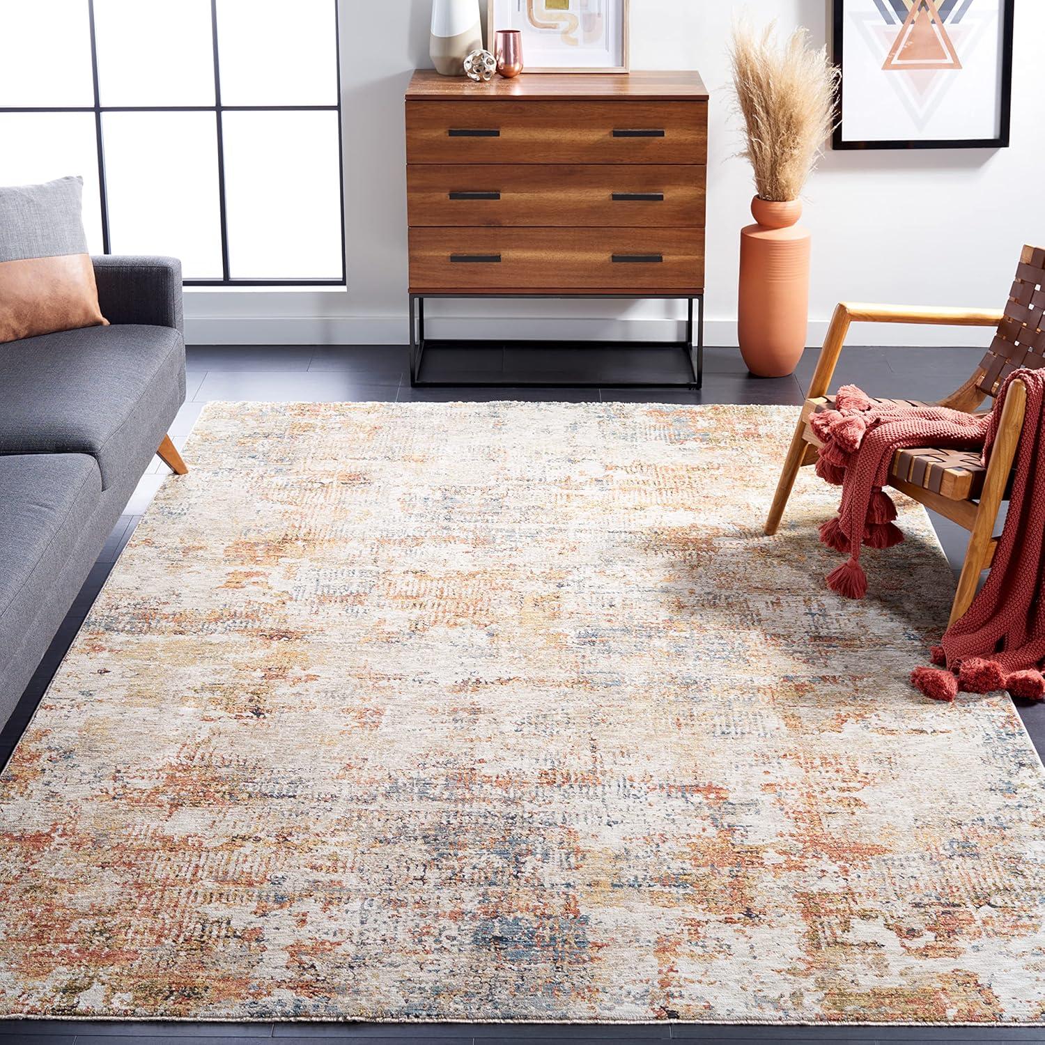 Rust and Blue Hand-Knotted Synthetic Area Rug