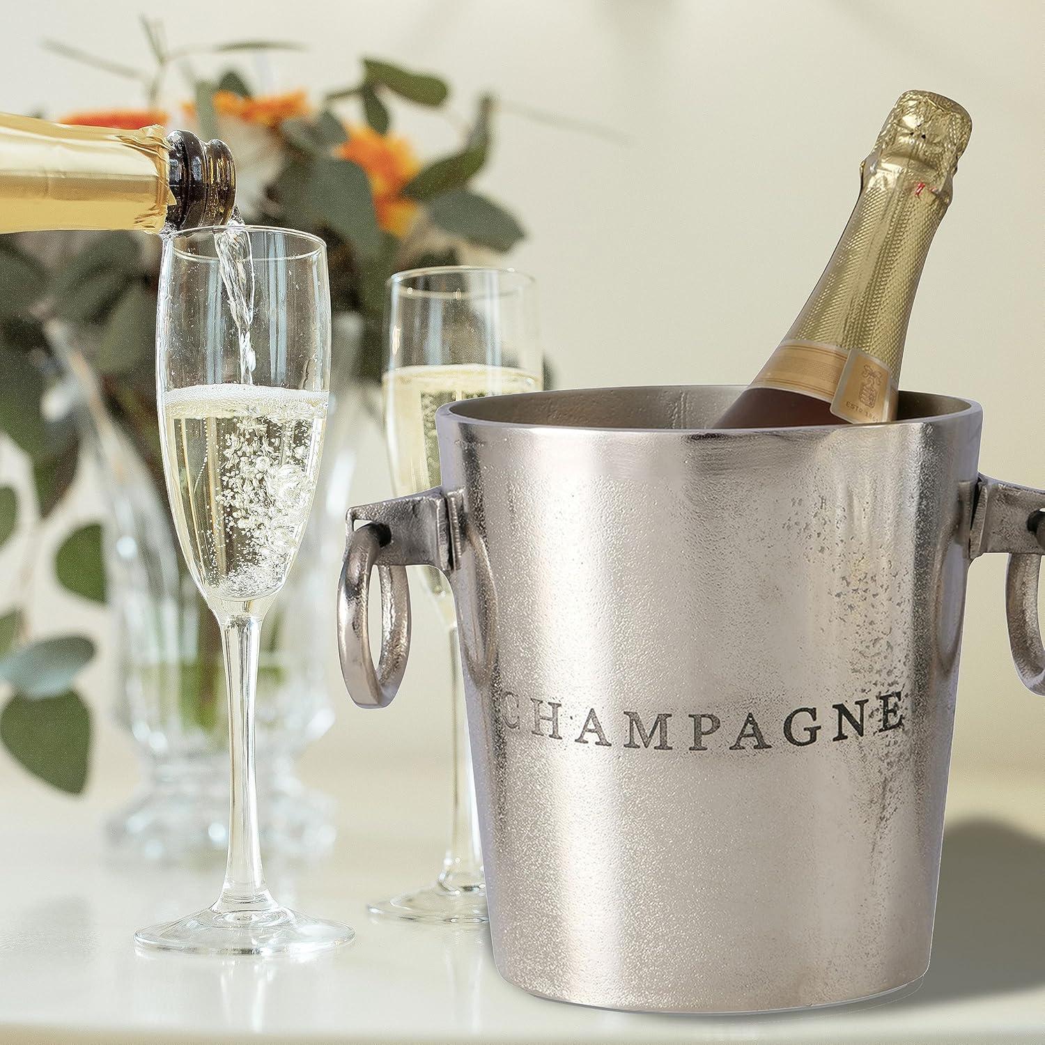 Luxury Champagne Ice Bucket, Elegant Script Text Details, Hand Cast, Silver Aluminum, 18.5 inches