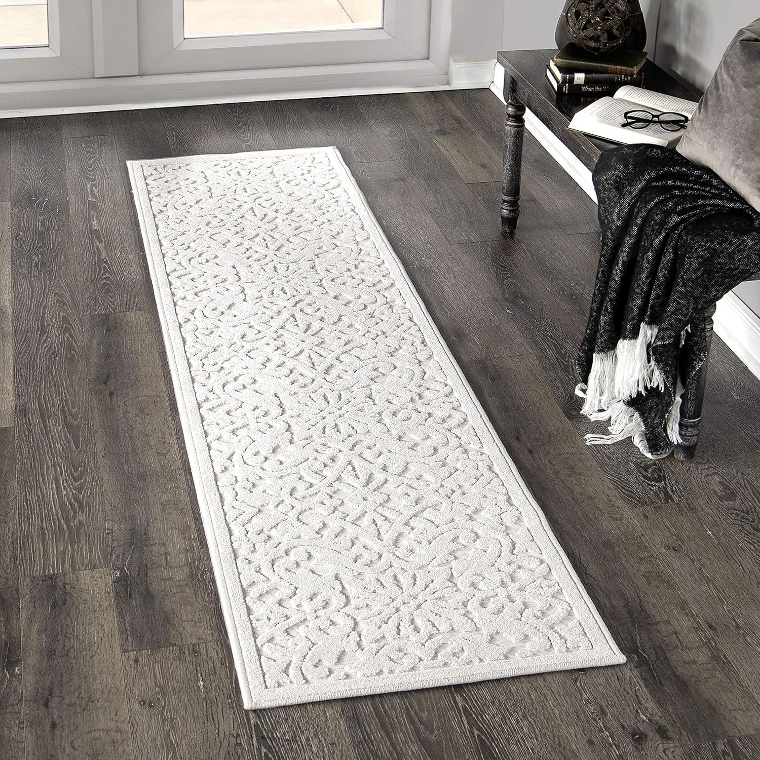 Orian Boucle Biscay 1'11" X 7'6" Natural Damask High Low Runner Rug