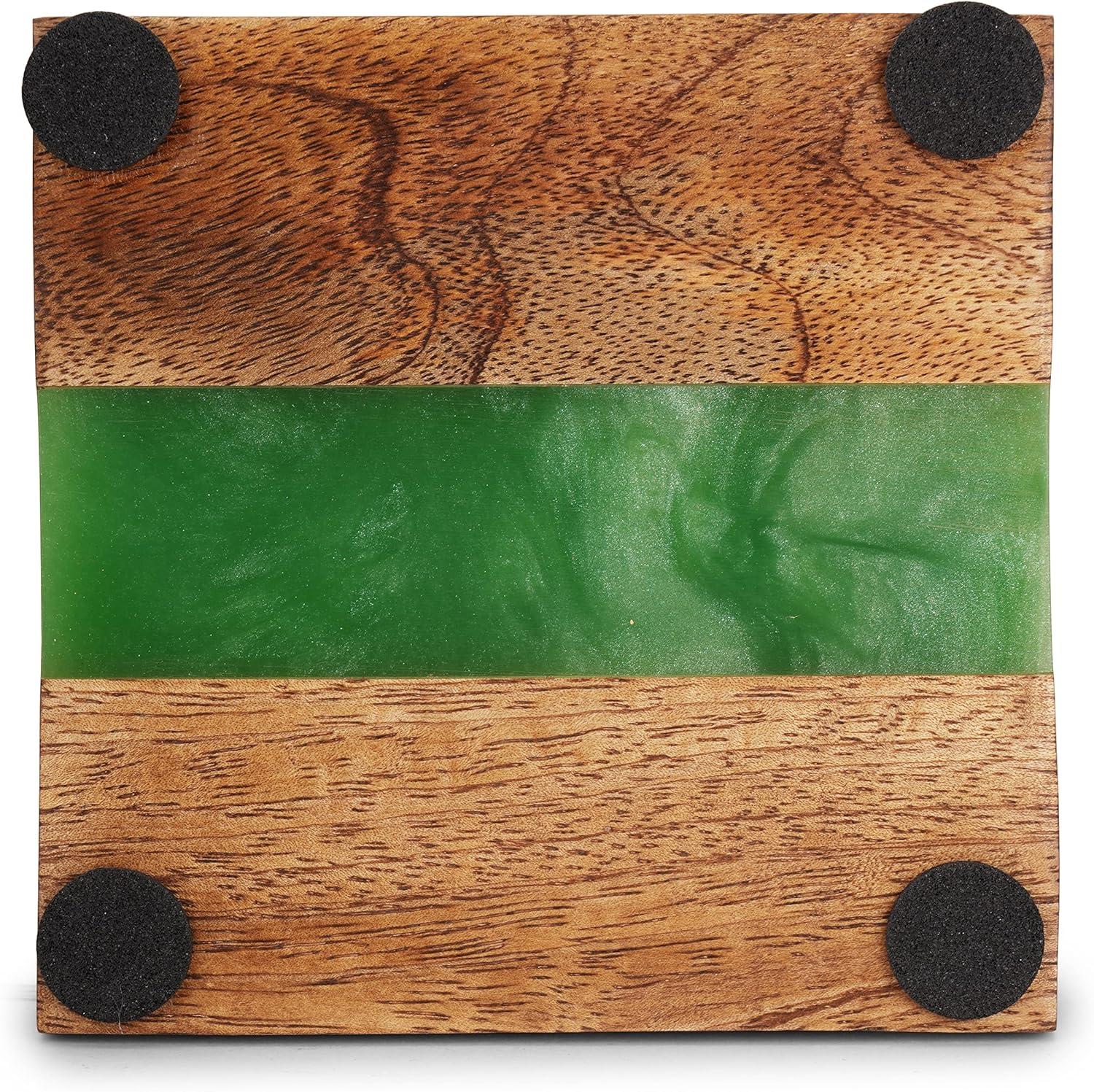 Ajuny Set of 4 Wood and Resin Coasters Square Handmade Coaster for Tea Cups Coffee Mugs Home Office Green