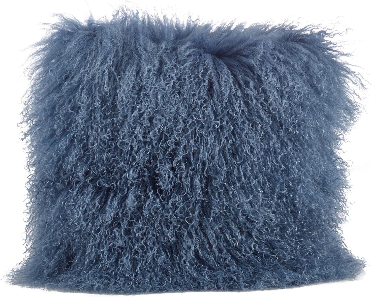 Blue-Grey 20" Square Wool Mongolian Lamb Fur Throw Pillow