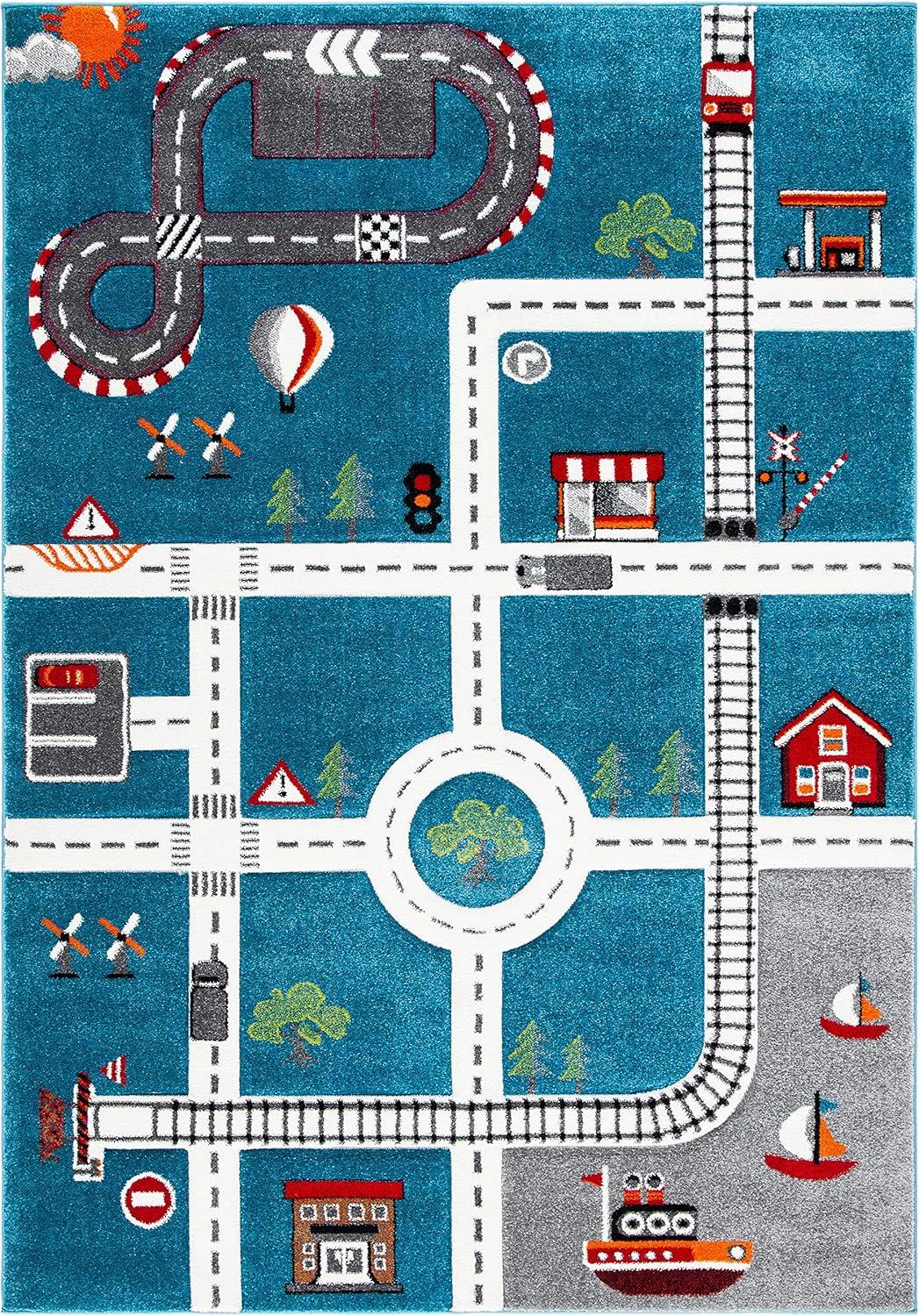 Turquoise & Ivory Synthetic Non-Slip Kids Area Rug 5'3" x 7'6"