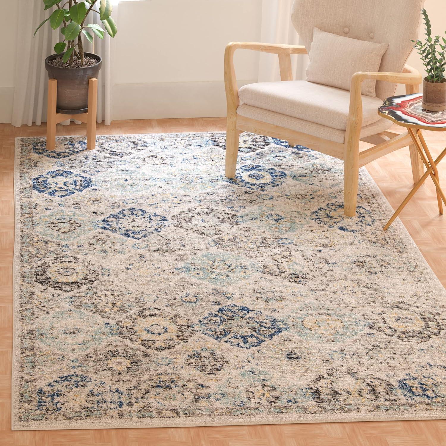 Ivory and Aqua Floral Square Synthetic Easy-Care Rug - 5' x 5'