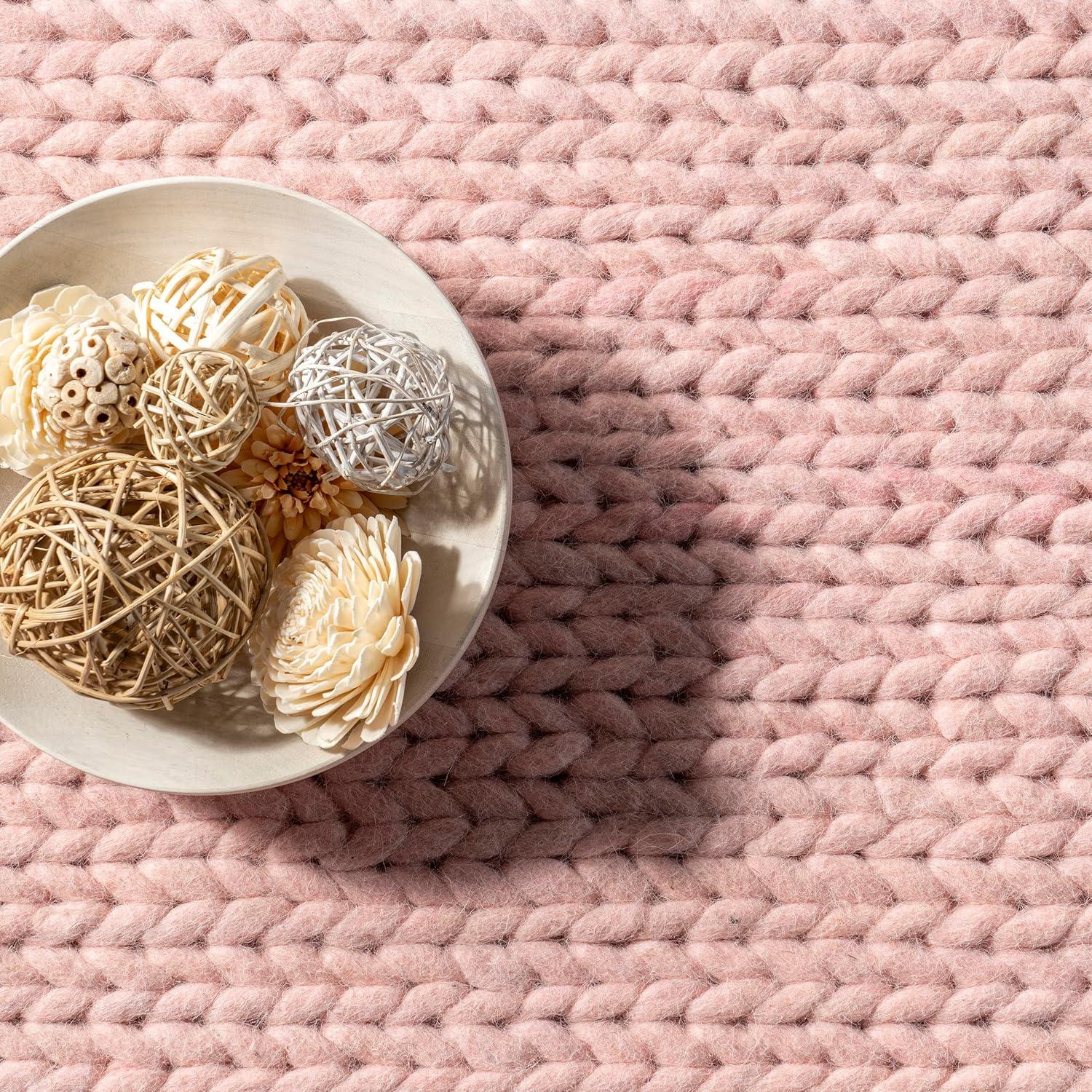 Nuloom 4x6 Penelope Wool Braided Handmade Indoor Area Rug, Pink, Solid Rustic Farmhouse Style, For Bedroom, Living Room, Hallway, Entryway