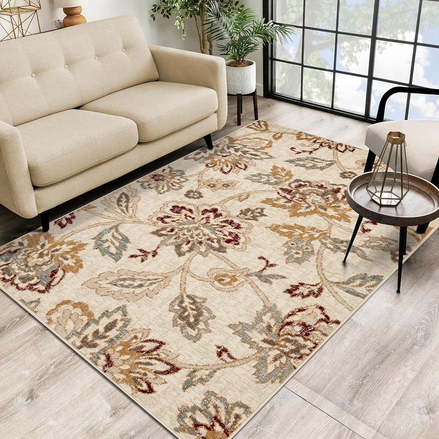 Condell Stone Floral 7' x 9' Stain-Resistant Synthetic Area Rug