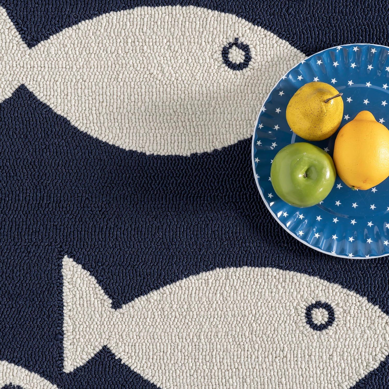 Navy and White Fish Pattern Indoor/Outdoor Rug