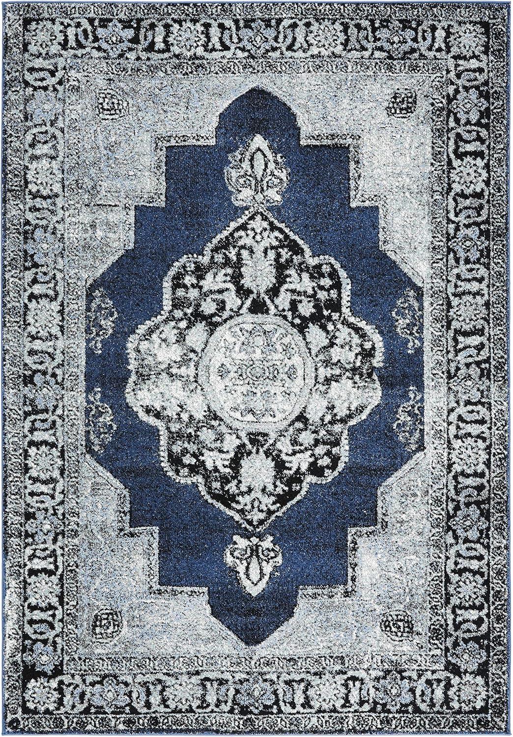 Blue and Grey Rectangular Synthetic Non-slip Area Rug