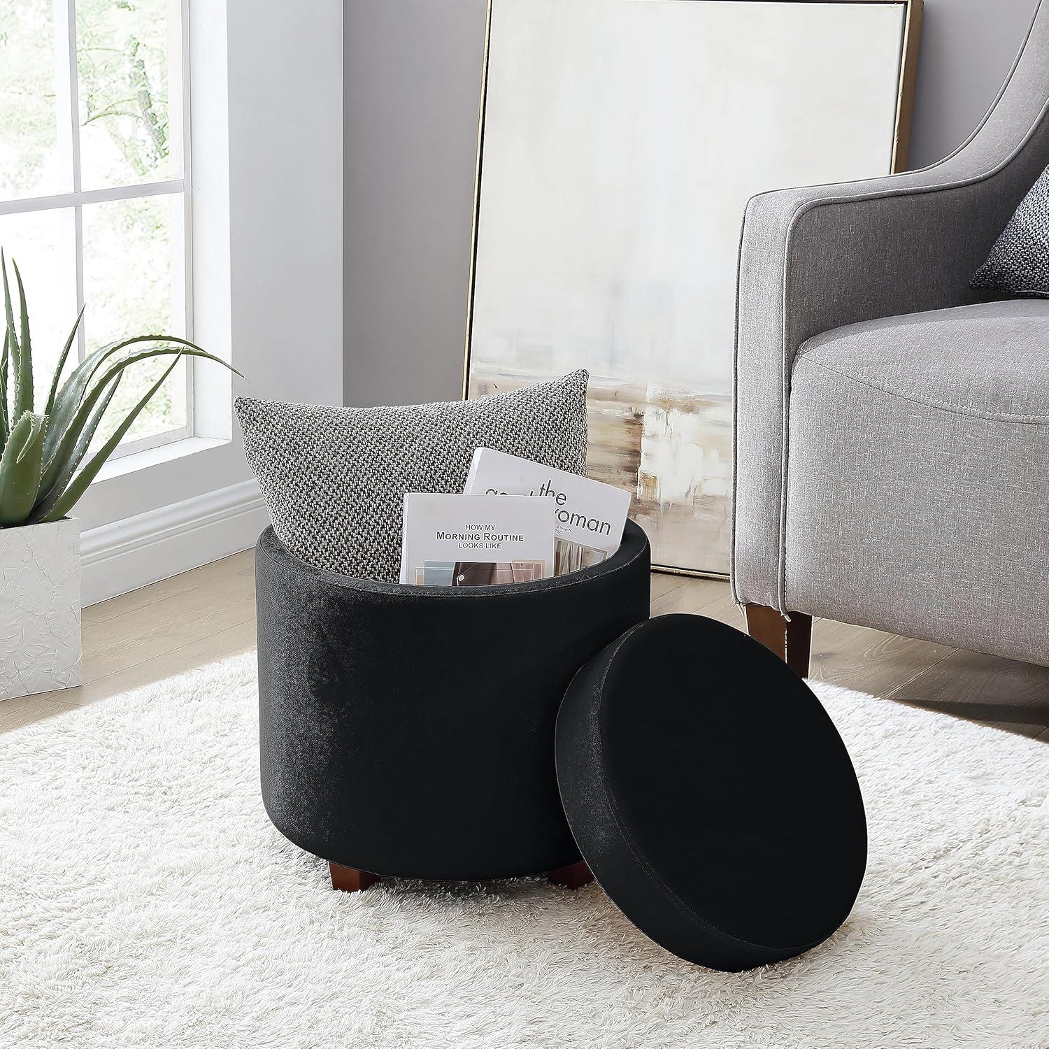 Ornavo Home Lawrence Round Storage Ottoman with Table Top Lid - Velvet Black