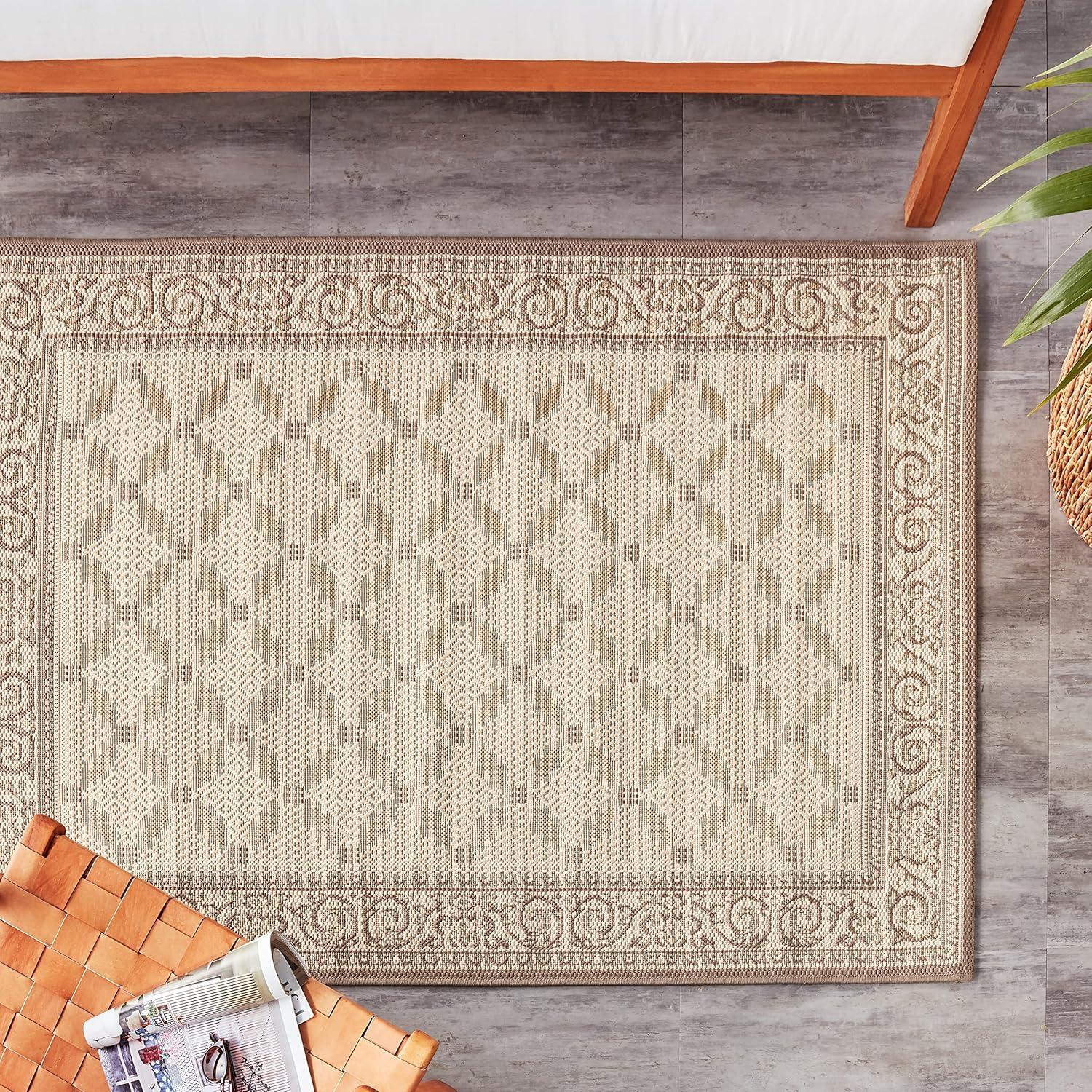 SAFAVIEH Courtyard Cohen Bordered Indoor/Outdoor Area Rug, Beige/Dark Beige, 4' x 5'7"