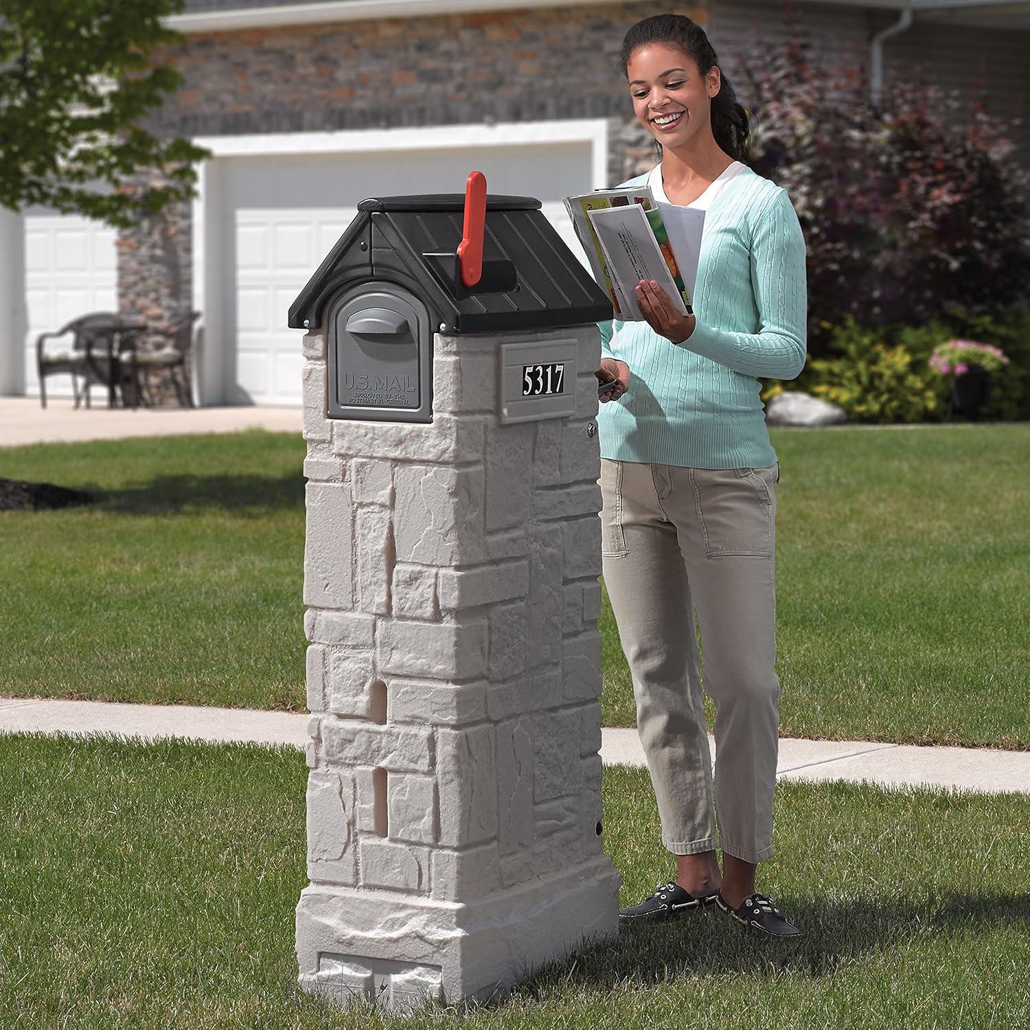 Stone Gray Lockable Plastic Column Mailbox with Post Mount