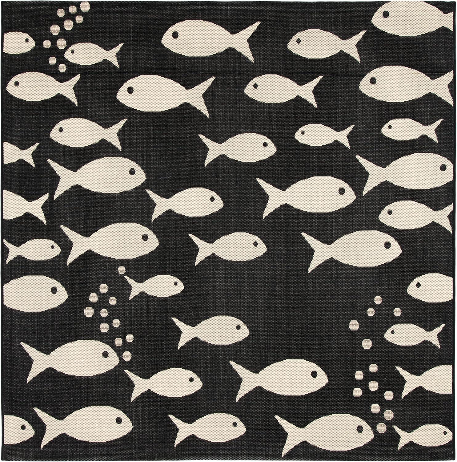 Courtyard CY6012 Power Loomed Indoor/Outdoor Area Rug - Black/Beige - 4'x4' - Safavieh.