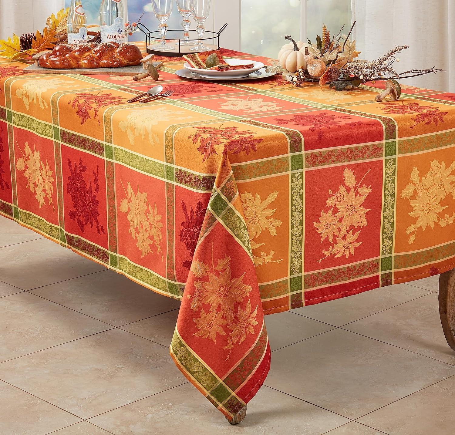 Elegant Jacquard Fall Leaves Orange Tablecloth, 65" x 104"