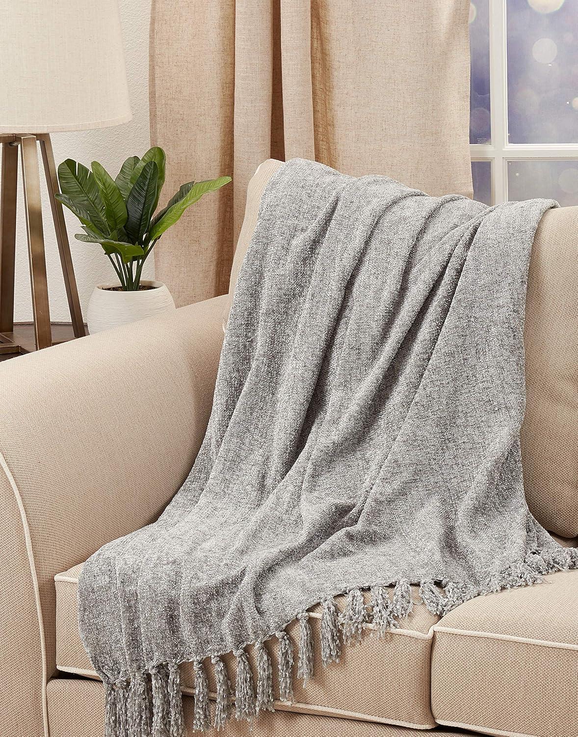 50"x60" Chenille Throw Blanket with Fringed Edges Gray - Saro Lifestyle