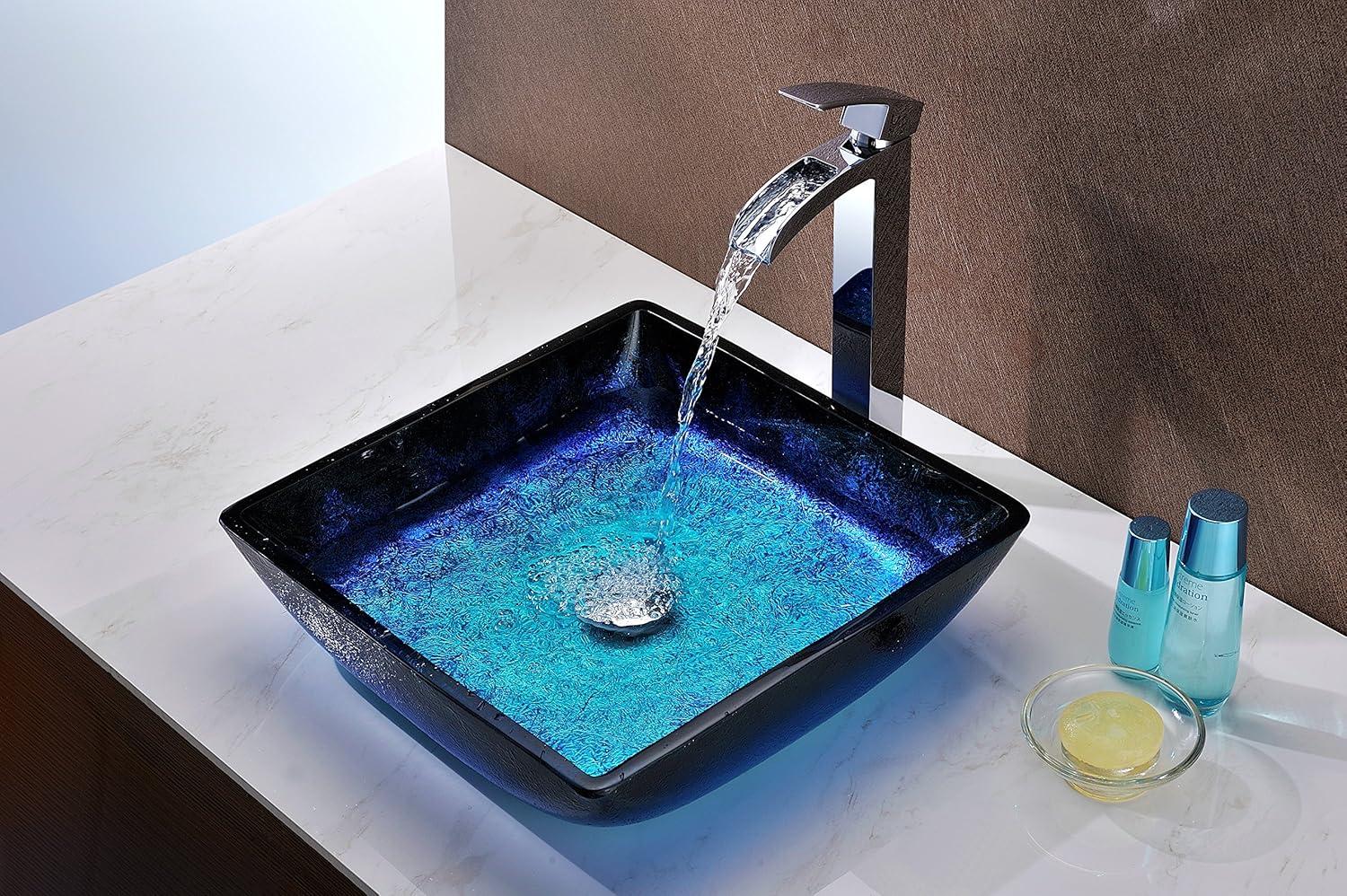 ANZZI Viace 15.13'' Blazing Blue Tempered Glass Square Bathroom Sink