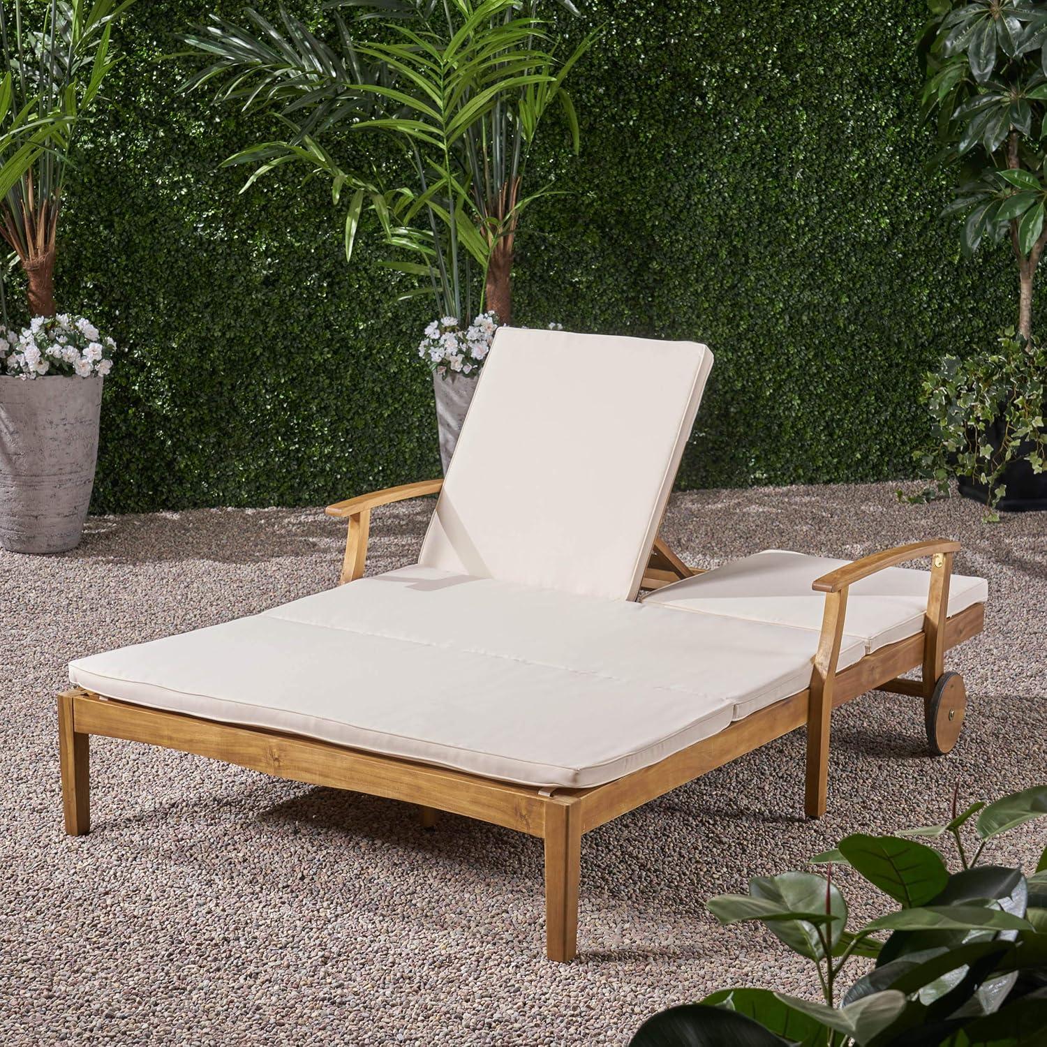 GDF Studio Abena Outdoor Acacia Wood Double Adjustable Chaise Lounge with Cushions, Teak and Cream