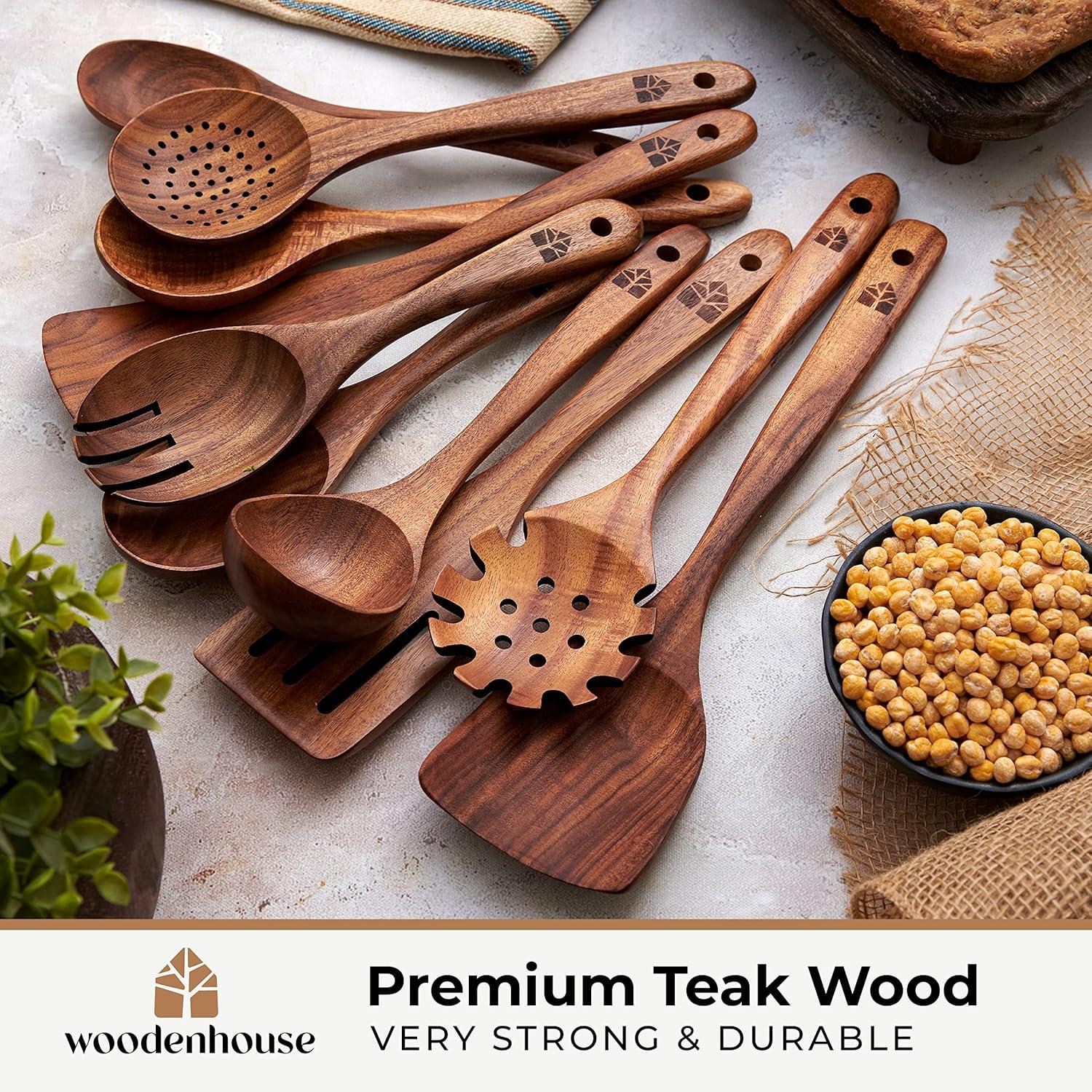 Wooden Spoons for Cooking, 10 Pcs Teak Wood Cooking Utensil Set ‚ Wooden Kitchen Utensils for Nonstick Pans & Cookware ‚ Sturdy, Lightweight & Heat Resistant