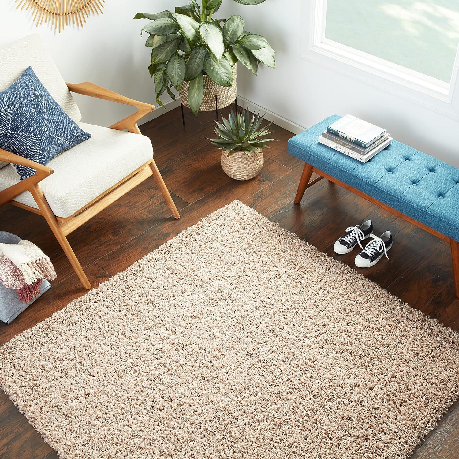 Taupe Square Soft Shag Synthetic Area Rug for Easy Care