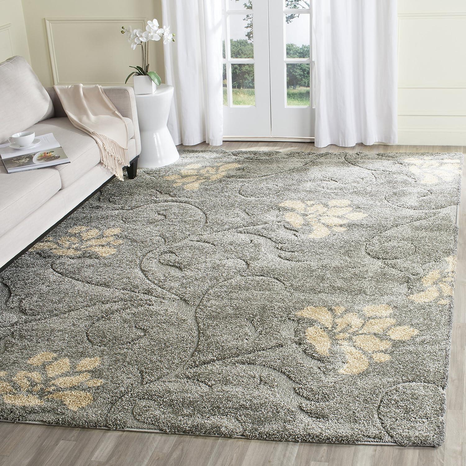 Elegant Grey Beige Floral Synthetic Shag Rug, 5'3" x 7'6"