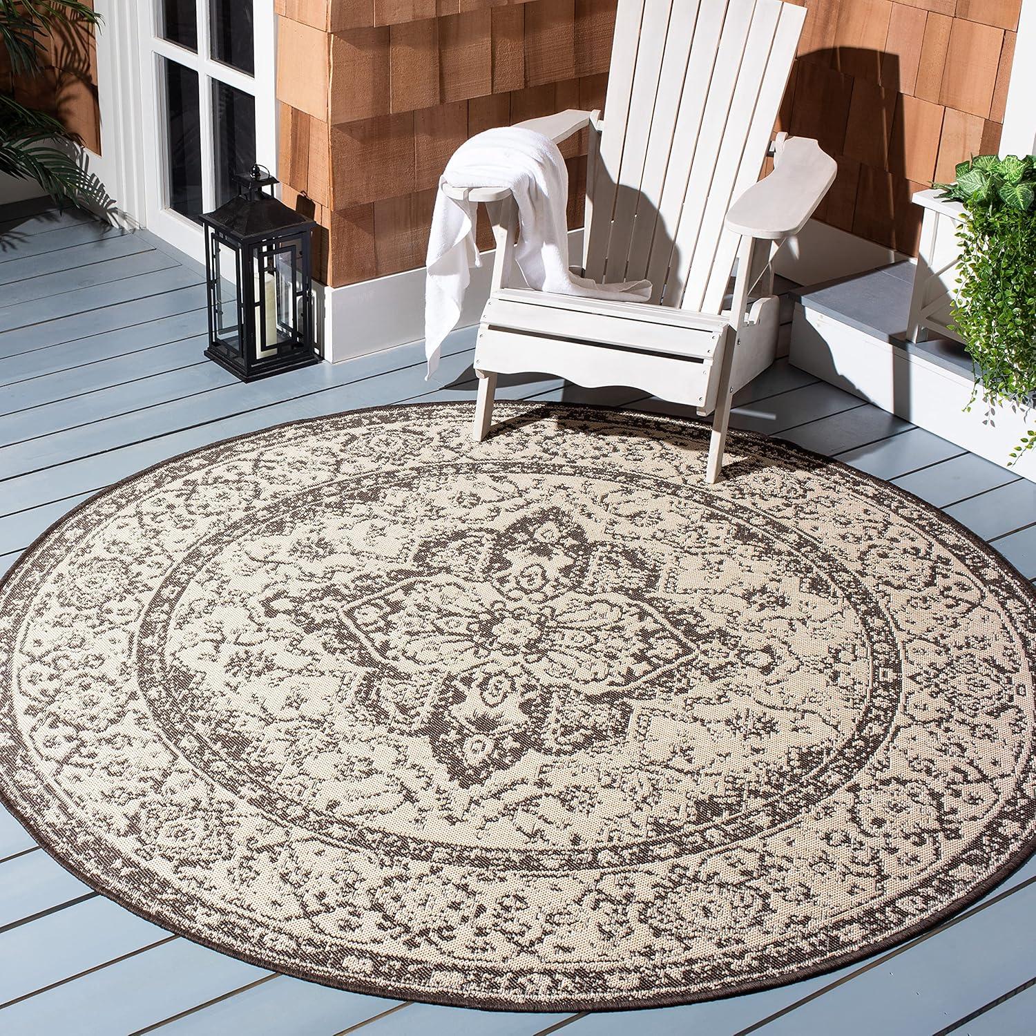 Safavieh Beach House Mai Traditional Outdoor Area Rug, Cream/Brown, 6'7" x 6'7" Round