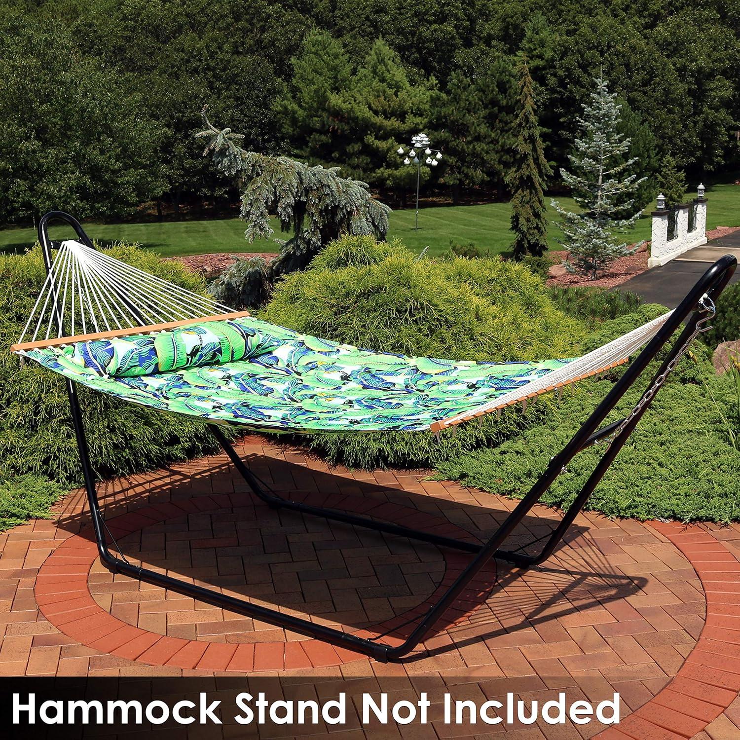 Sunnydaze 2-Person Quilted Printed Fabric Spreader Bar Hammock and Pillow with S Hooks and Hanging Chains - 450 lb Weight Capacity - Exotic Foliage