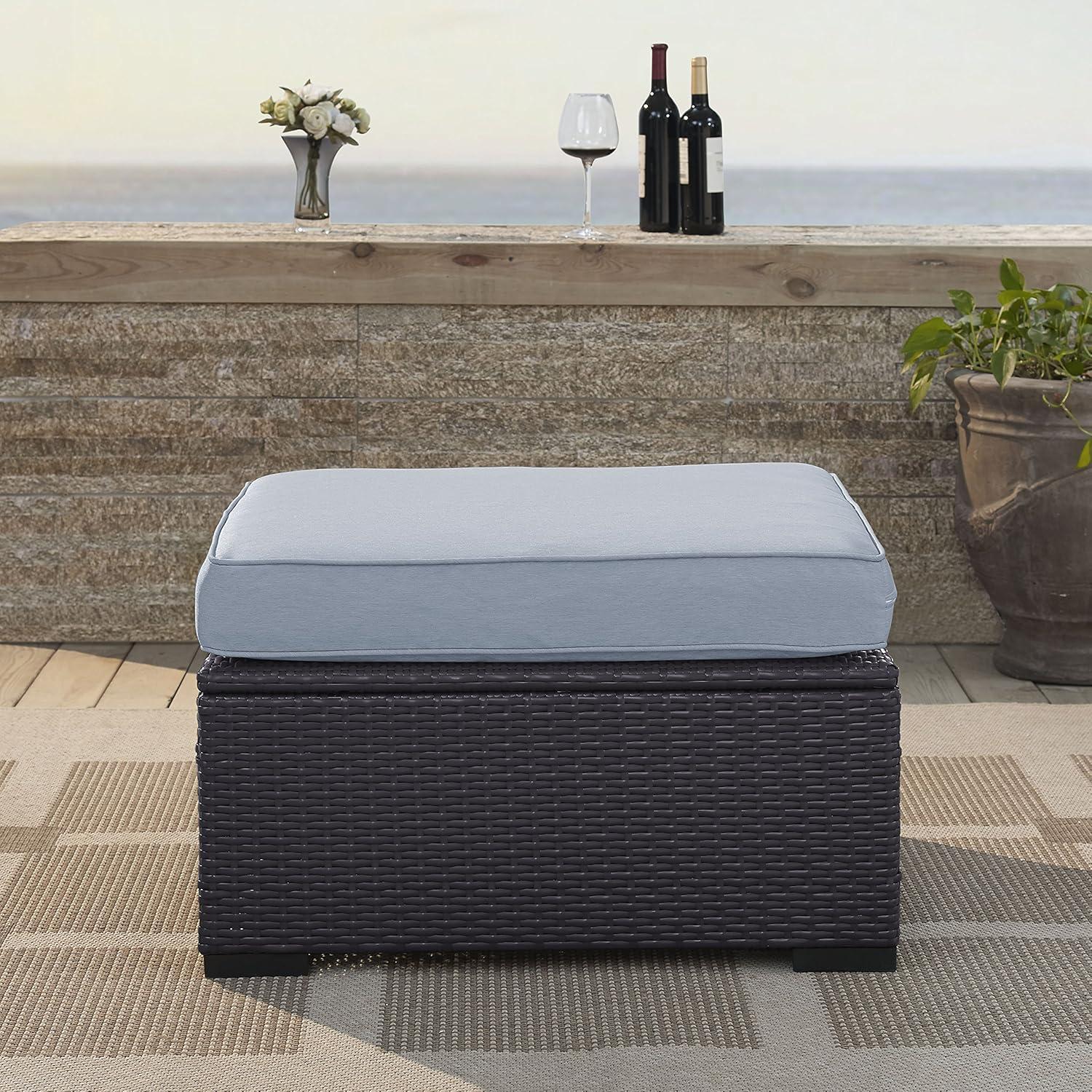 Biscayne Ottoman with Mist Cushions - Brown/Mist - Crosley: Wicker Patio Footrest, UV-Resistant, Polyurethane Foam Fill